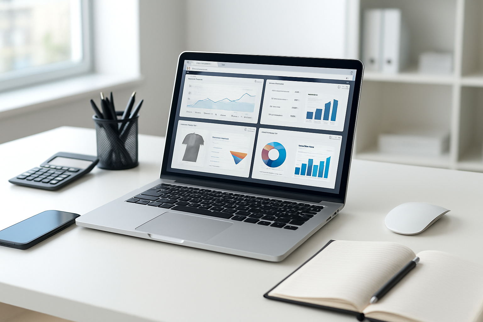 Create a realistic image of a modern workspace featuring essential dropshipping tools and software, showing a sleek laptop computer displaying multiple browser tabs and dashboard interfaces, surrounded by a smartphone, wireless mouse, notebook with pen, calculator, and organized desk accessories, set on a clean white desk against a bright contemporary office background with natural lighting from a window, creating a professional and organized atmosphere for e-commerce success, absolutely NO text should be in the scene.