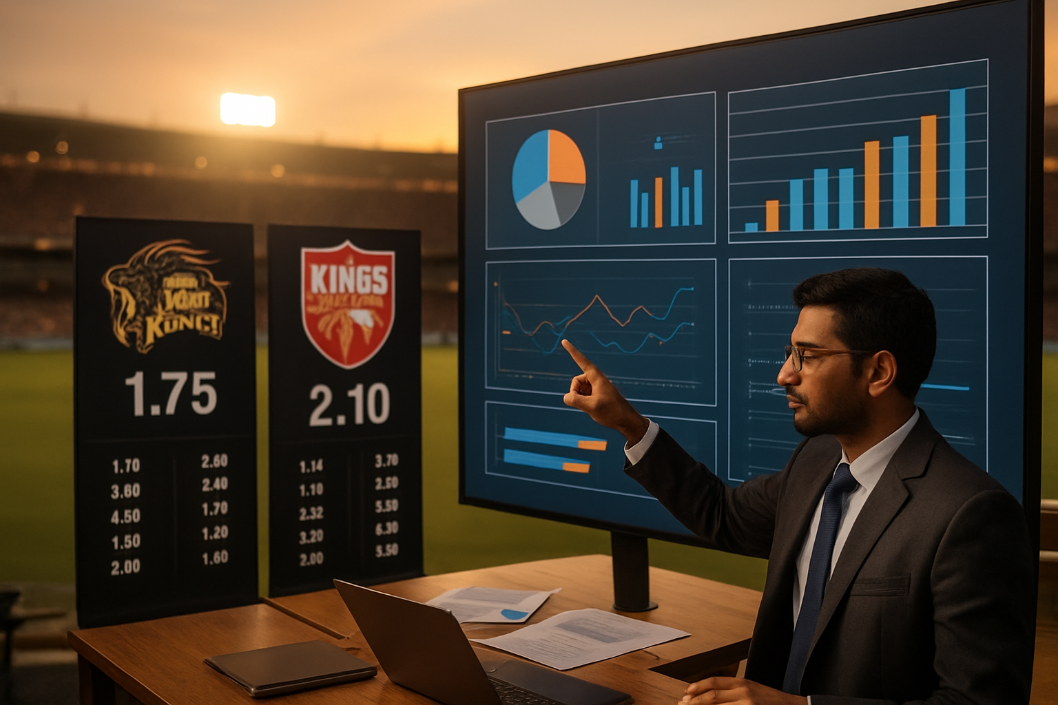 Create a realistic image of a cricket stadium scene with betting odds display boards and prediction charts visible in the foreground, showing Chennai Super Kings and Punjab Kings team logos and statistics, with a South Asian male cricket analyst in business attire pointing at data visualizations on a large screen, warm stadium lighting creating an analytical atmosphere, cricket field visible in the blurred background, professional sports analysis setup with laptops and documents on a desk, evening golden hour lighting, absolutely NO text should be in the scene.