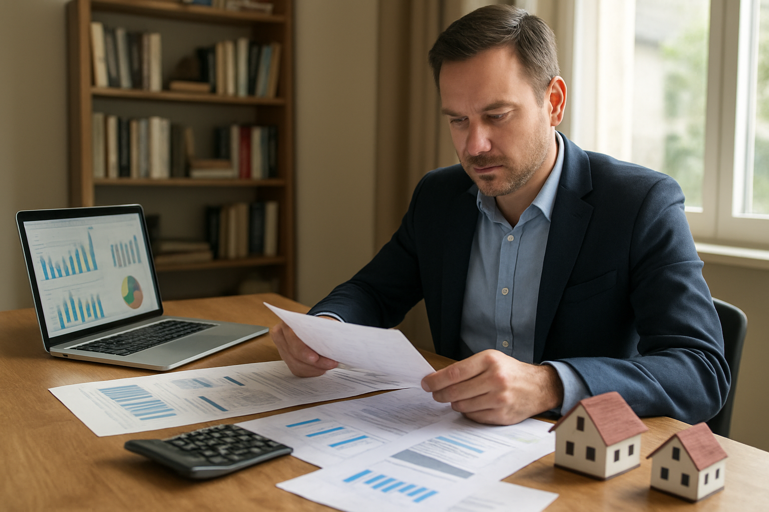 Create a realistic image of a professional white male investor in his 40s sitting at a modern wooden desk in a well-lit home office, reviewing financial documents and property portfolios spread across the desk, with a laptop displaying charts and graphs, a calculator, and house model miniatures representing rental properties, warm natural lighting from a large window, organized bookshelves with real estate and finance books in the background, creating a focused and strategic planning atmosphere, shot from a slight angle showing both the person and the organized workspace, Absolutely NO text should be in the scene.