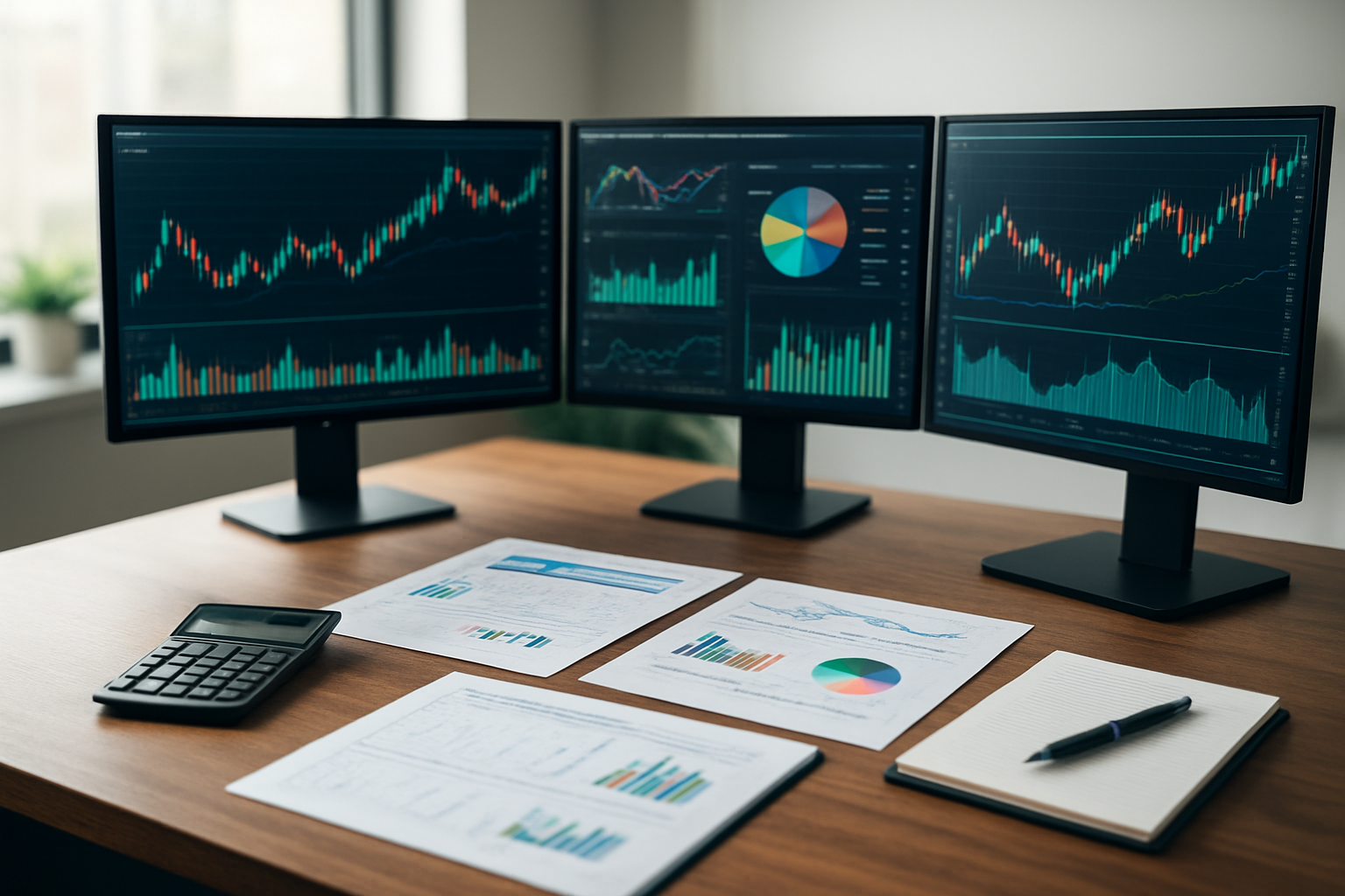 Create a realistic image of a professional desktop setup showing multiple computer monitors displaying colorful financial charts, graphs, and portfolio analytics dashboards, with a calculator, financial documents, and a notebook with pen placed on a clean wooden desk, surrounded by a modern office environment with soft natural lighting from a window, creating a focused and organized atmosphere for financial planning and risk assessment. Absolutely NO text should be in the scene.