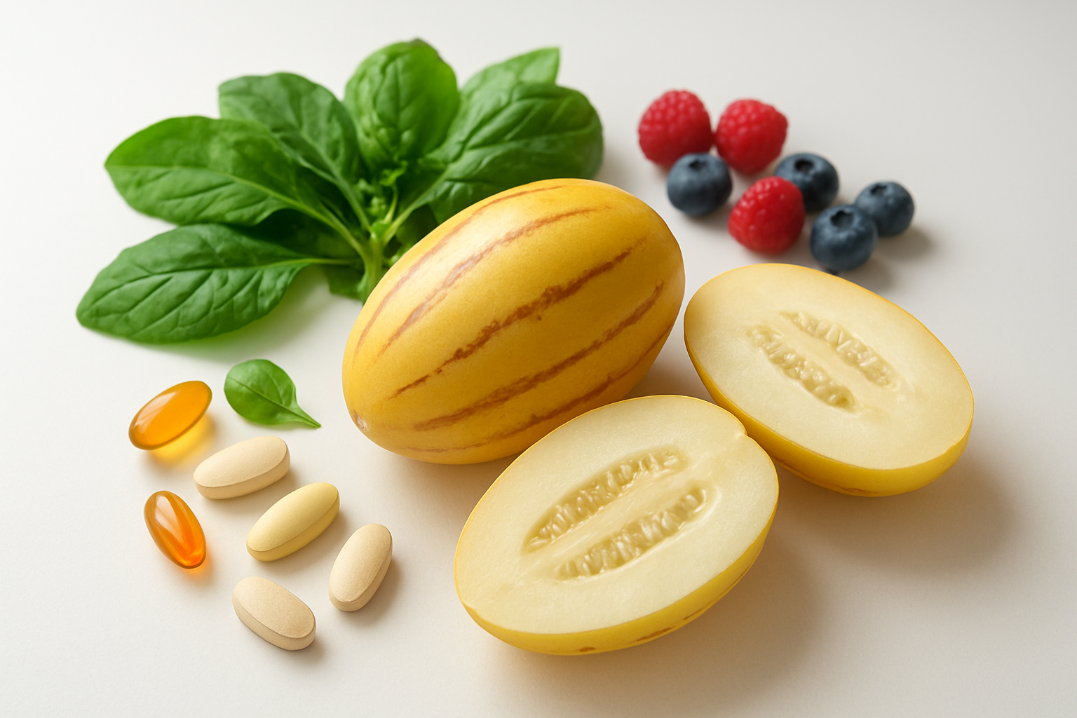 Create a realistic image of fresh whole and sliced pepino melons arranged on a clean white surface alongside colorful nutritional elements including vitamin pills, fresh leafy greens, and antioxidant-rich berries, with soft natural lighting highlighting the golden-yellow striped skin and creamy white flesh of the pepinos, creating a clean healthy lifestyle composition that emphasizes wellness and nutrition, absolutely NO text should be in the scene.