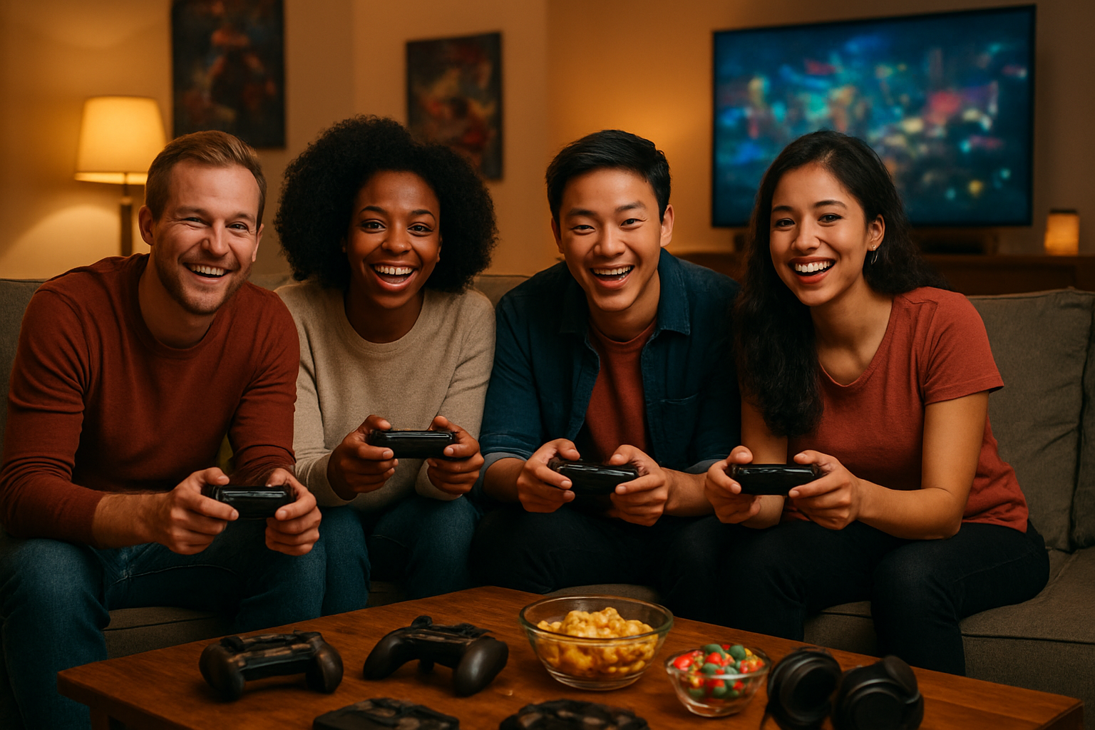 Create a realistic image of a diverse group of four friends sitting together on a comfortable couch in a cozy living room, including a white male, black female, Asian male, and Hispanic female, all holding gaming controllers and looking engaged and happy while playing multiplayer games, with multiple gaming devices visible on a coffee table including controllers, headsets, and snacks, warm ambient lighting from table lamps creating a welcoming atmosphere, large TV screen visible in the background showing colorful game graphics, gaming posters on the walls, and the overall scene conveying friendship, connection, and shared gaming experiences, absolutely NO text should be in the scene.