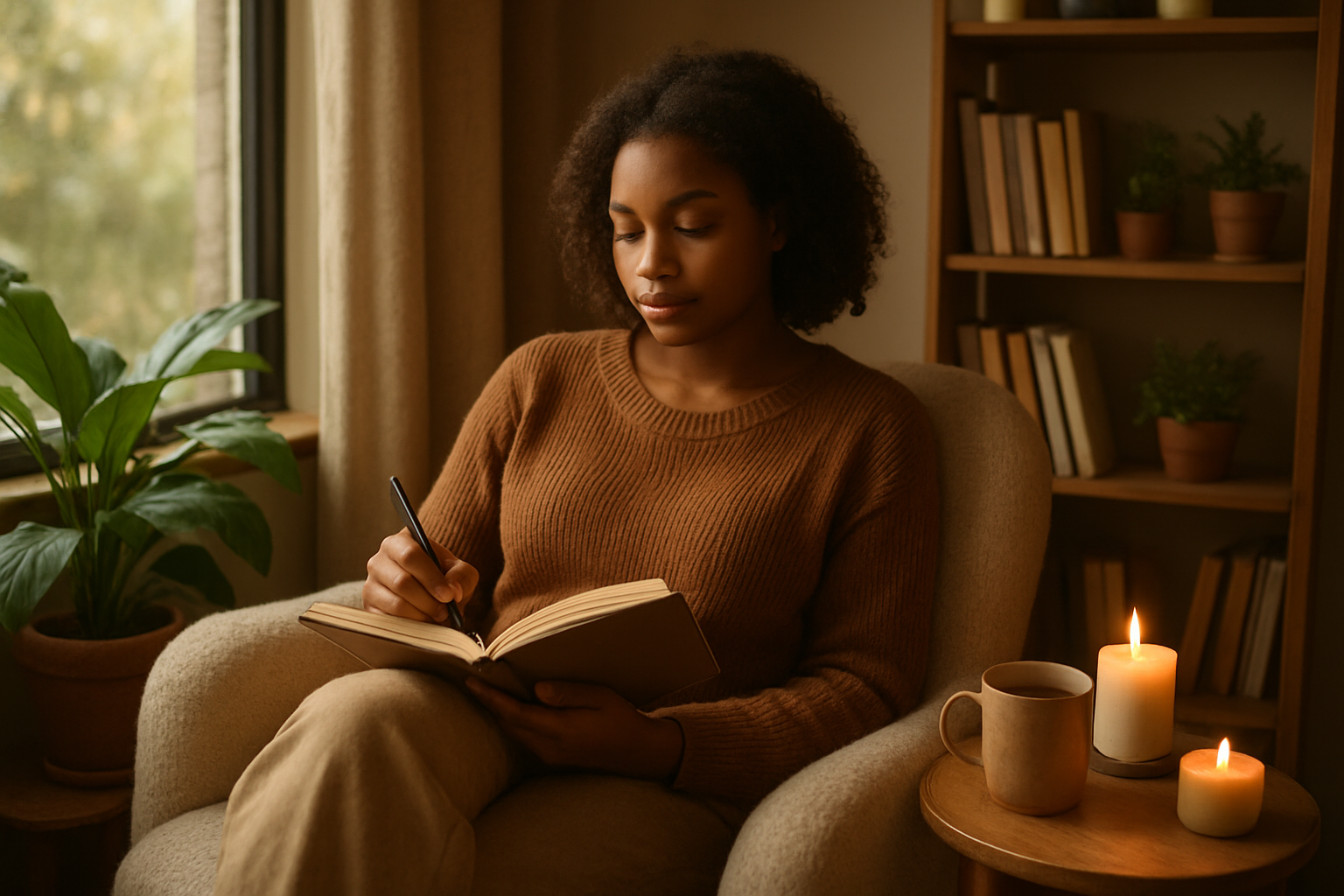 Create a realistic image of a young black female sitting peacefully in a cozy reading nook by a large window, holding a journal and pen, with soft natural lighting streaming in, surrounded by plants, books, candles, and a warm cup of tea on a small side table, creating a serene atmosphere of self-reflection and personal growth, with warm earth tones and gentle shadows, absolutely NO text should be in the scene.