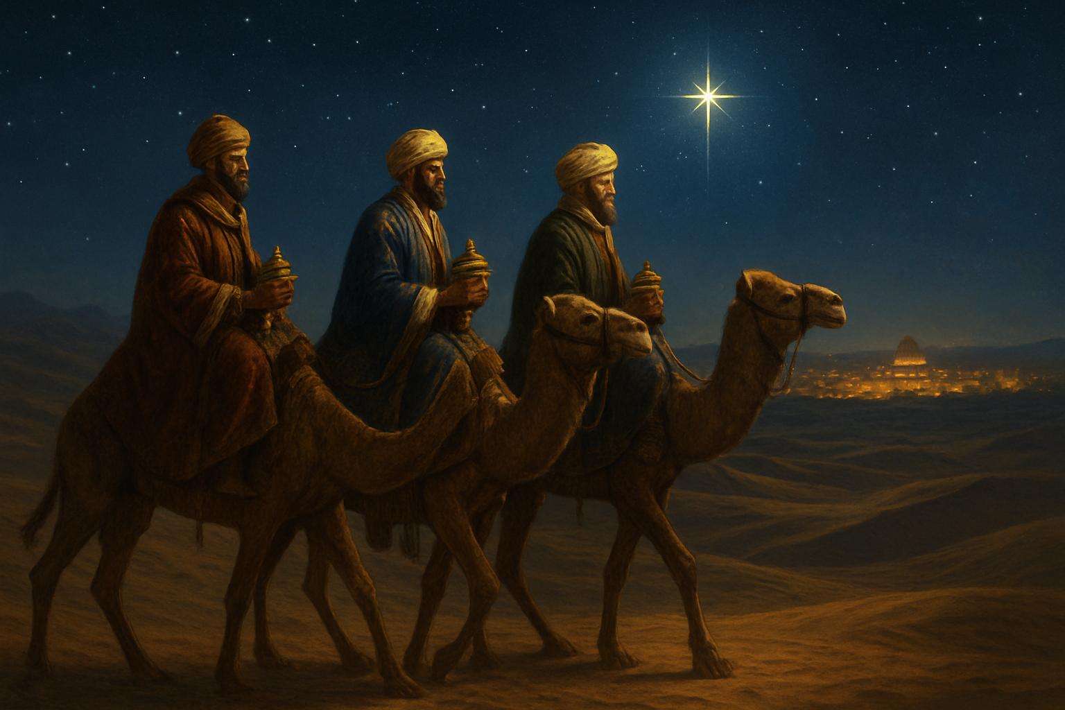 Create a realistic image of three Middle Eastern male wise men on camels traveling across a vast desert landscape under a starry night sky, wearing ornate robes and turbans, carrying precious gifts in decorated containers, with ancient Jerusalem visible in the distance as glowing city lights, sand dunes stretching across the horizon, a bright star shining prominently above guiding their journey, creating a mystical and reverent atmosphere with warm golden and blue lighting. Absolutely NO text should be in the scene.
