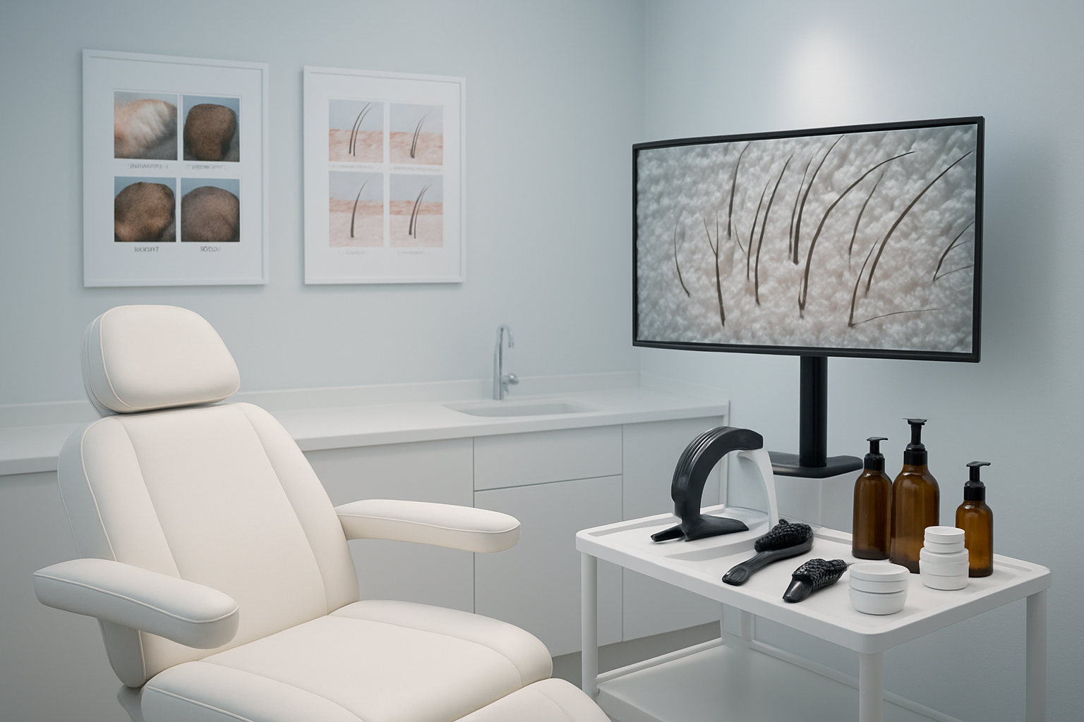 Create a realistic image of a clean, modern dermatology clinic or spa treatment room with a professional scalp analysis setup including a microscopic scalp scanner displaying healthy hair follicles on a monitor, scientific charts showing before and after scalp conditions on the wall, a comfortable treatment chair, professional hair care tools and organic detox products arranged on a sterile tray, soft clinical lighting creating a calm and trustworthy atmosphere, with a clean white and light blue color scheme that conveys medical expertise and wellness. Absolutely NO text should be in the scene.