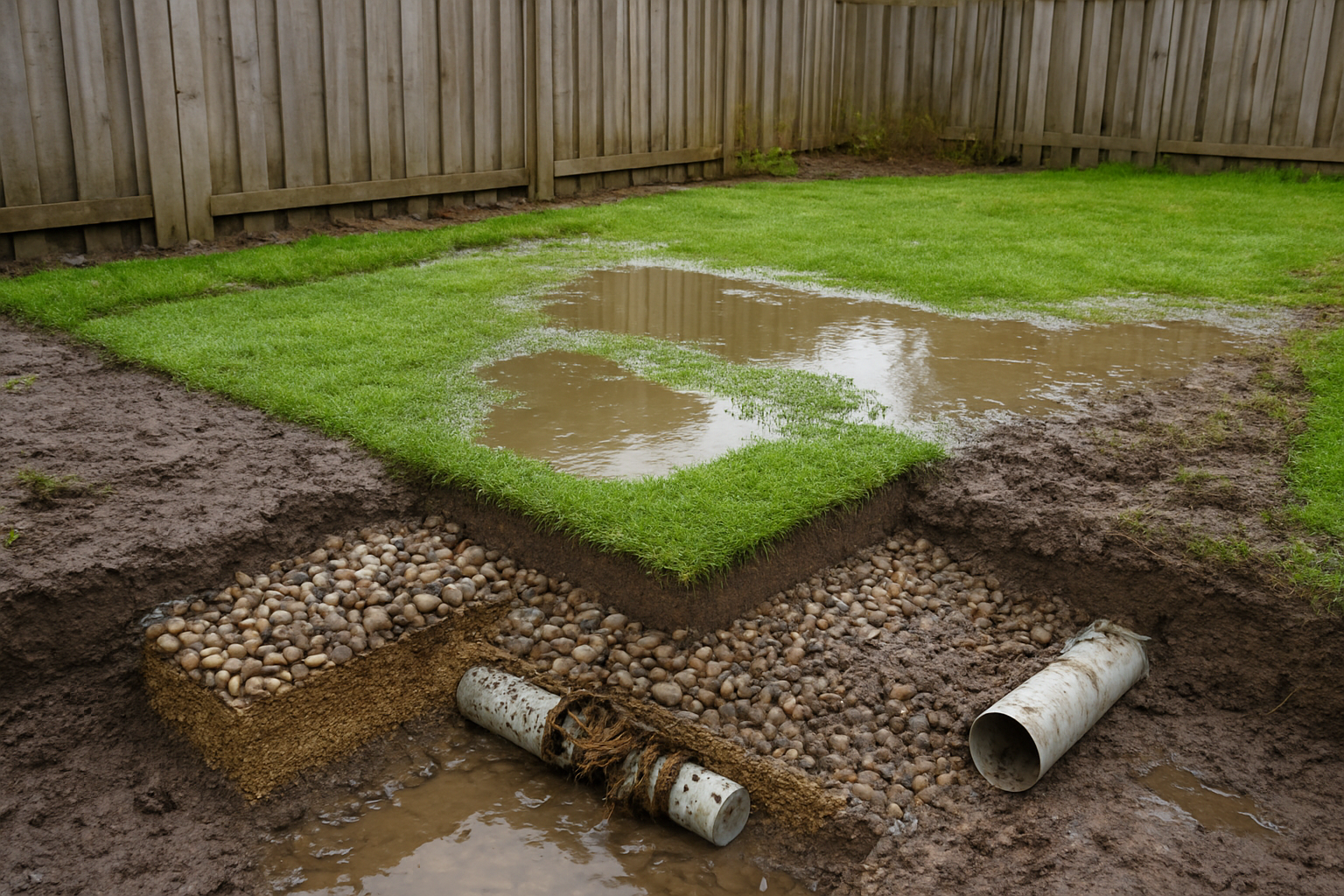 Create a realistic image of a backyard dog potty area with visible drainage problems including standing water puddles on artificial grass, clogged drainage pipes with debris, waterlogged gravel sections, and muddy patches around the designated pet relief zone, showing a cross-section view of the layered drainage system with gravel, sand, and pipe components, under natural daylight with overcast sky suggesting recent rain, absolutely NO text should be in the scene.