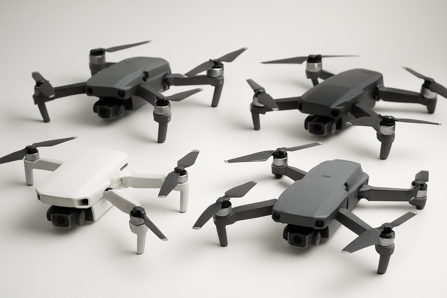 Create a realistic image of five different budget-friendly drones arranged on a clean white surface, showcasing various compact and mid-size consumer drone models with sleek modern designs in colors like white, black, and gray, each drone displaying visible propellers and cameras, positioned at slightly different angles to show their features, with soft professional studio lighting creating gentle shadows, and a minimalist background that emphasizes the drones as premium yet affordable technology products, absolutely NO text should be in the scene.