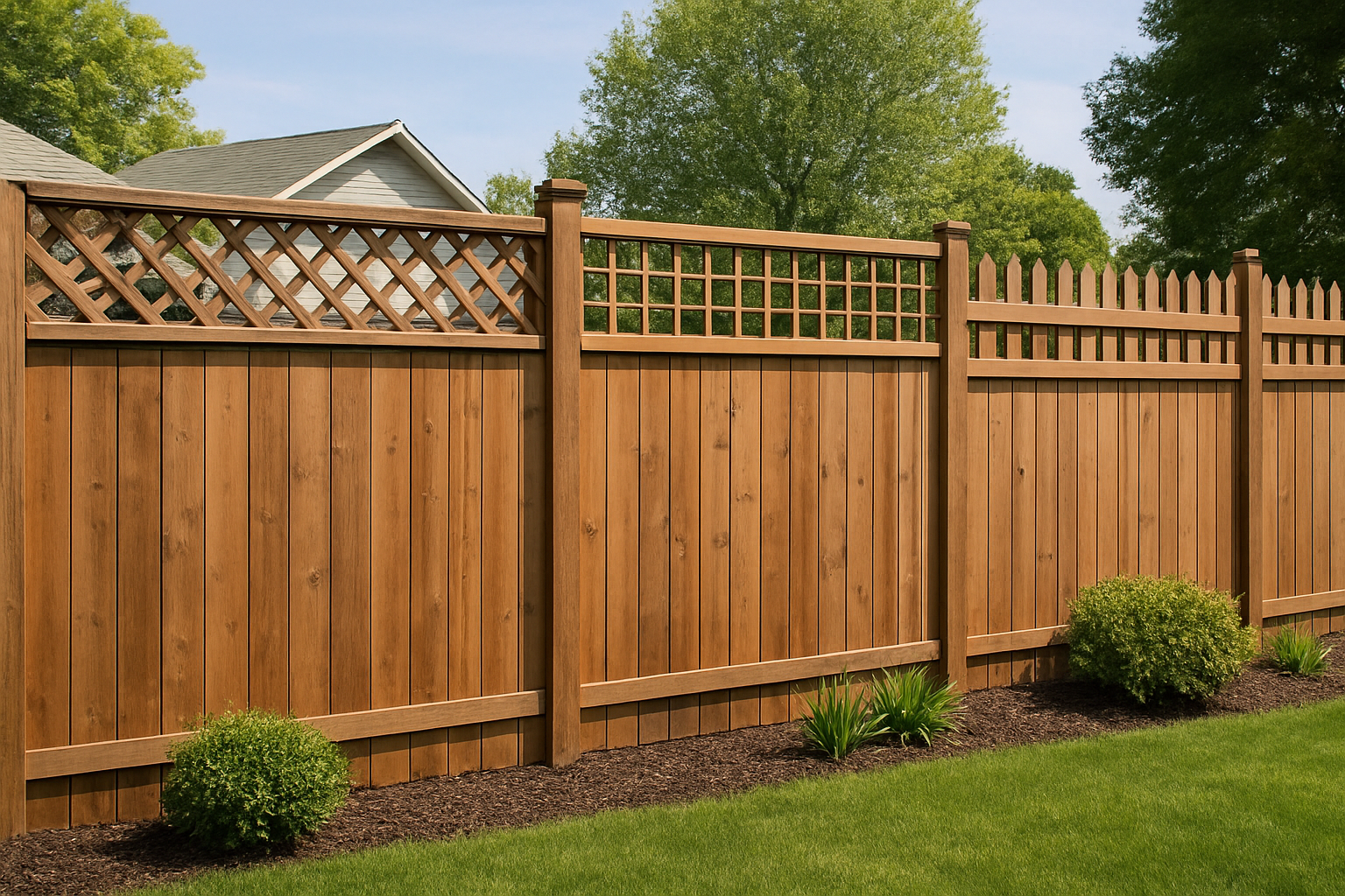 Create a realistic image of a residential wooden fence with decorative fence toppers installed along the top, showing lattice panels, trellis sections, and picket extensions that add extra height to the existing fence, set in a suburban backyard with green grass and some landscaping, natural daylight lighting, demonstrating the before-and-after effect of adding height without full replacement, absolutely NO text should be in the scene.