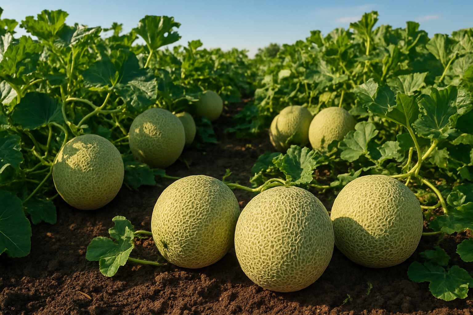 Create a realistic image of a thriving galia melon garden with mature galia melons growing on vines in rich, dark soil, showing the distinctive netted skin pattern and pale green coloring of ripe galia melons, some melons ready for harvest lying on the ground, healthy green melon leaves and vines sprawling across the garden bed, warm natural sunlight illuminating the scene, clear blue sky in the background, professional agricultural setting with well-maintained rows, absolutely NO text should be in the scene.