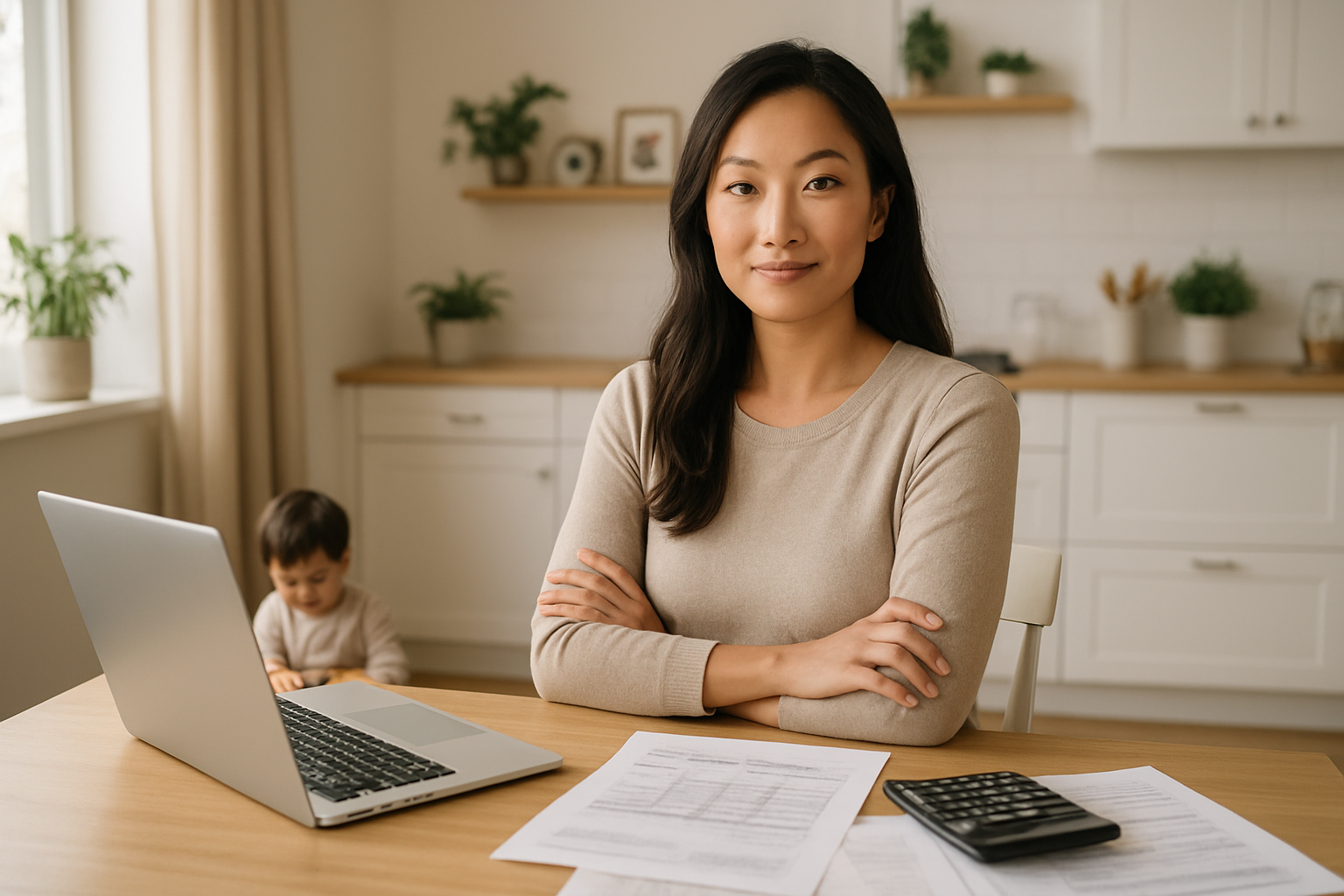 Create a realistic image of a confident Asian female mother in her 30s sitting at a clean modern kitchen table with a laptop open, calculator, and organized financial documents spread out, while her young child plays quietly with toys in the background, warm natural lighting streaming through a window, creating a peaceful and accomplished atmosphere that conveys financial security and successful family planning, with a cozy home interior featuring plants and family photos on shelves, absolutely NO text should be in the scene.
