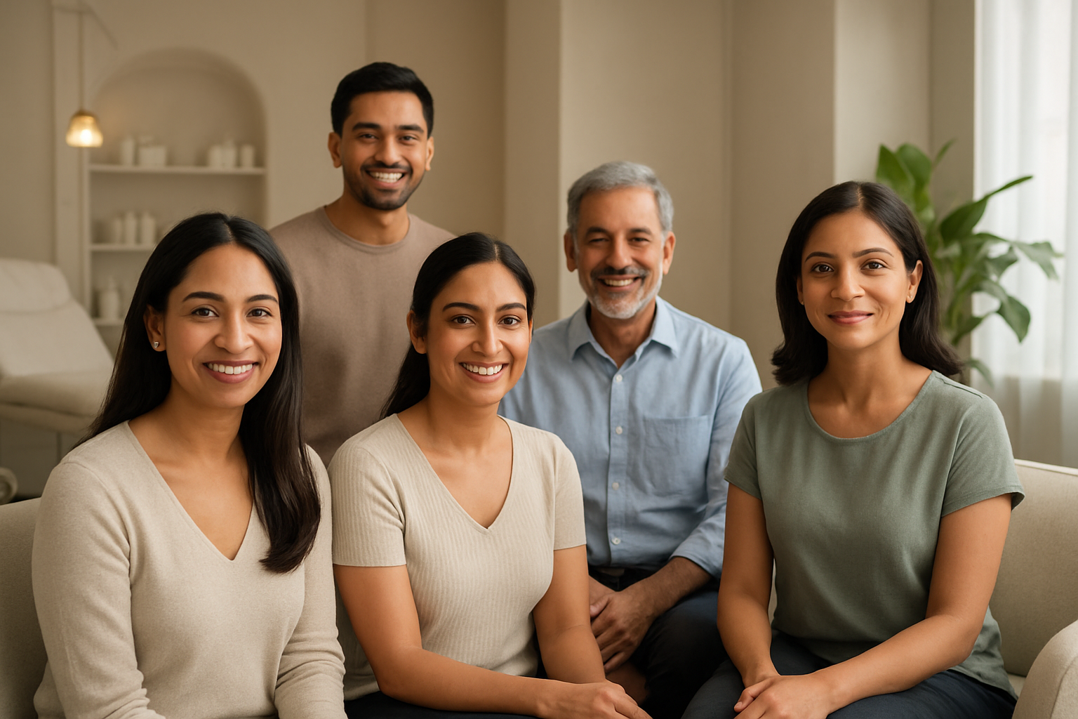 Create a realistic image of a diverse group of satisfied clients including South Asian women and men of various ages displaying natural, glowing skin and confident smiles in a modern, upscale aesthetic clinic setting with soft natural lighting, comfortable seating area, and elegant interior design featuring neutral colors and plants, showing people in a relaxed consultation or waiting area atmosphere that conveys transformation and wellness success, absolutely NO text should be in the scene.