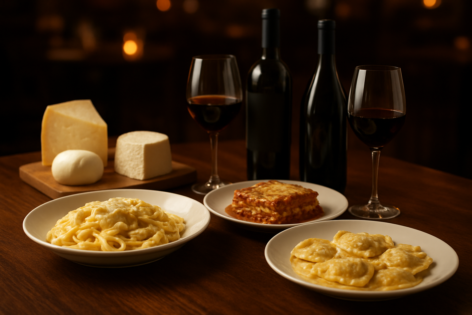 Create a realistic image of an elegant dining table featuring multiple cheese-heavy pasta dishes including fettuccine alfredo, lasagna, and cheese ravioli alongside carefully selected wine bottles and filled wine glasses, with blocks of parmesan, mozzarella, and ricotta cheese artfully arranged on a wooden cheese board, wine glasses containing both red and white wine, soft warm lighting creating an intimate restaurant ambiance, rich wooden table surface, and subtle background bokeh suggesting an upscale dining environment, absolutely NO text should be in the scene.