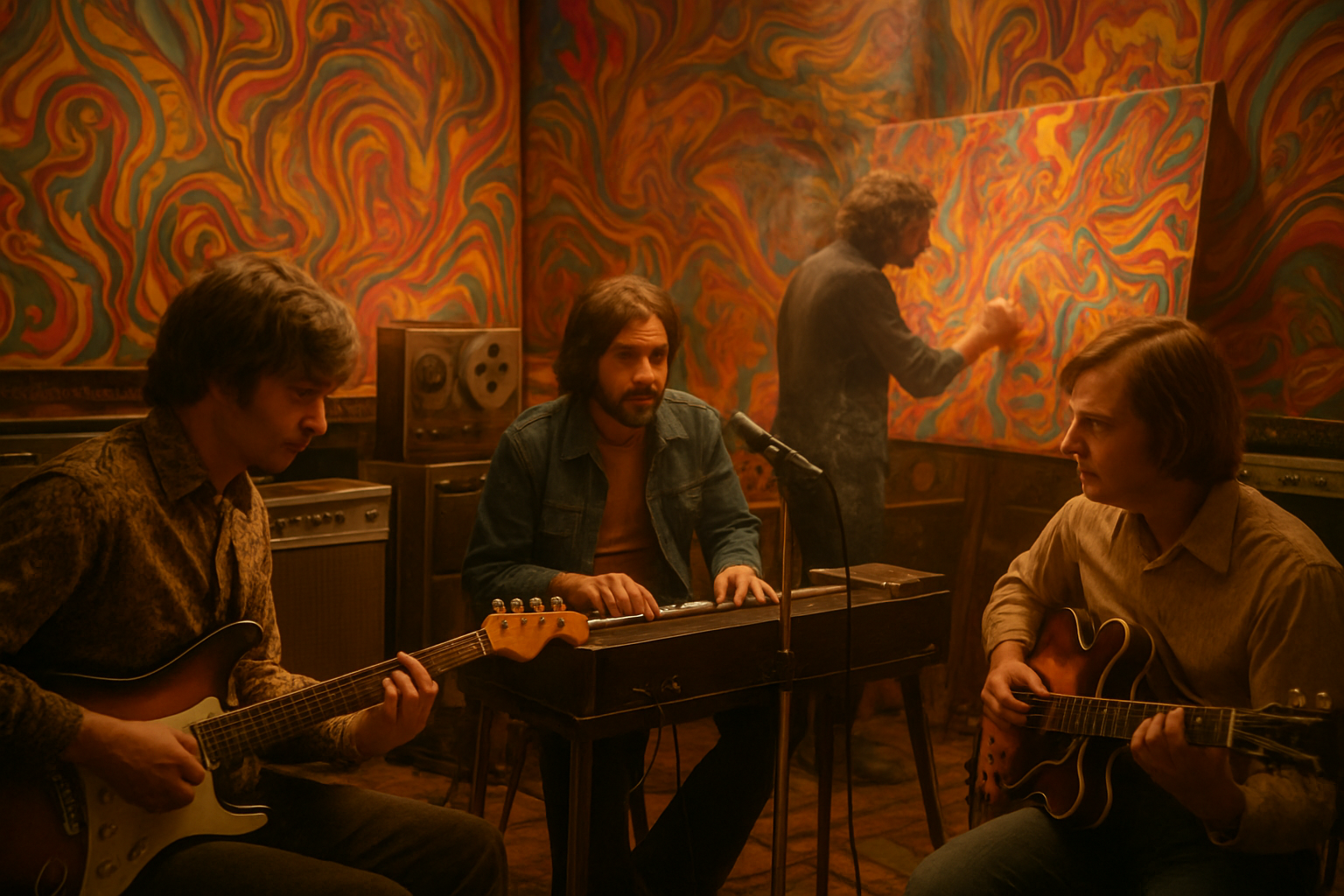 Create A Realistic Image Of A 1960S Recording Studio Scene With White Male Musicians Playing Electric Guitars And Keyboards Surrounded By Swirling, Colorful Psychedelic Art Patterns On The Walls, Vintage Recording Equipment, Amplifiers, And Microphones, With An Artist Painting Vibrant Abstract Artwork On A Large Canvas In The Background, Warm Amber Lighting Creating A Dreamy Atmosphere, Incense Smoke Gently Floating Through The Air, And Rainbow Light Effects Subtly Illuminating The Space, Capturing The Transformative Fusion Of Music And Visual Art During The Psychedelic Era, Absolutely No Text Should Be In The Scene.