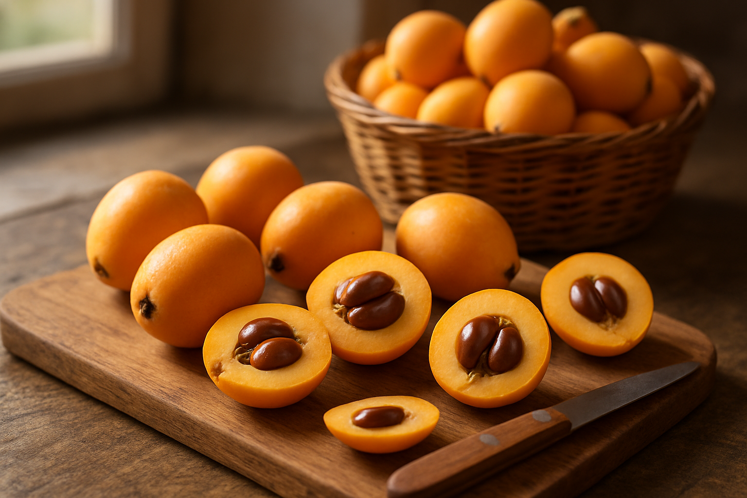 Create a realistic image of fresh loquat fruits arranged on a wooden cutting board with some whole golden-orange loquats displaying their smooth skin, several cut in half showing the glossy brown seeds and creamy flesh inside, a small sharp paring knife placed nearby, and a wicker basket filled with freshly picked loquats in the background, set on a rustic kitchen counter with soft natural lighting from a nearby window, creating warm shadows and highlighting the fruit's natural texture and vibrant colors, absolutely NO text should be in the scene.