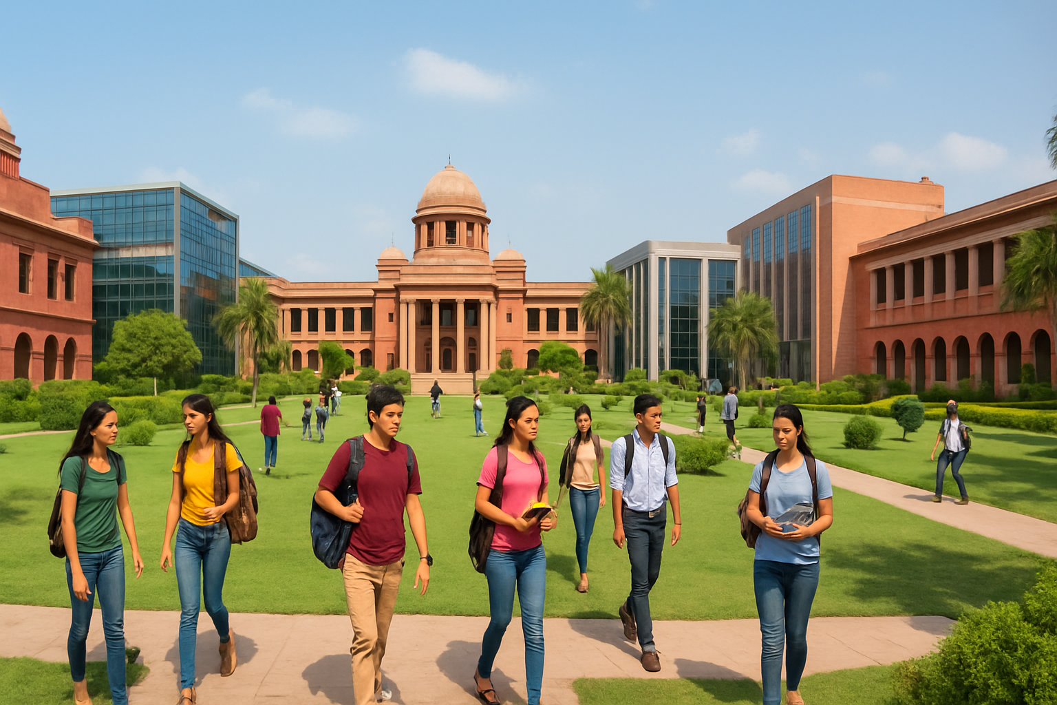 Create a realistic image of a panoramic view showcasing India's diverse higher education institutions with modern university buildings, traditional red-brick college structures, and contemporary glass facades scattered across a landscaped campus setting, featuring iconic Indian architectural elements like domes and pillars, with students of various Indian ethnicities walking between buildings carrying books and backpacks, lush green courtyards with palm trees and manicured gardens, clear blue sky with soft natural lighting creating an inspiring academic atmosphere, absolutely NO text should be in the scene.