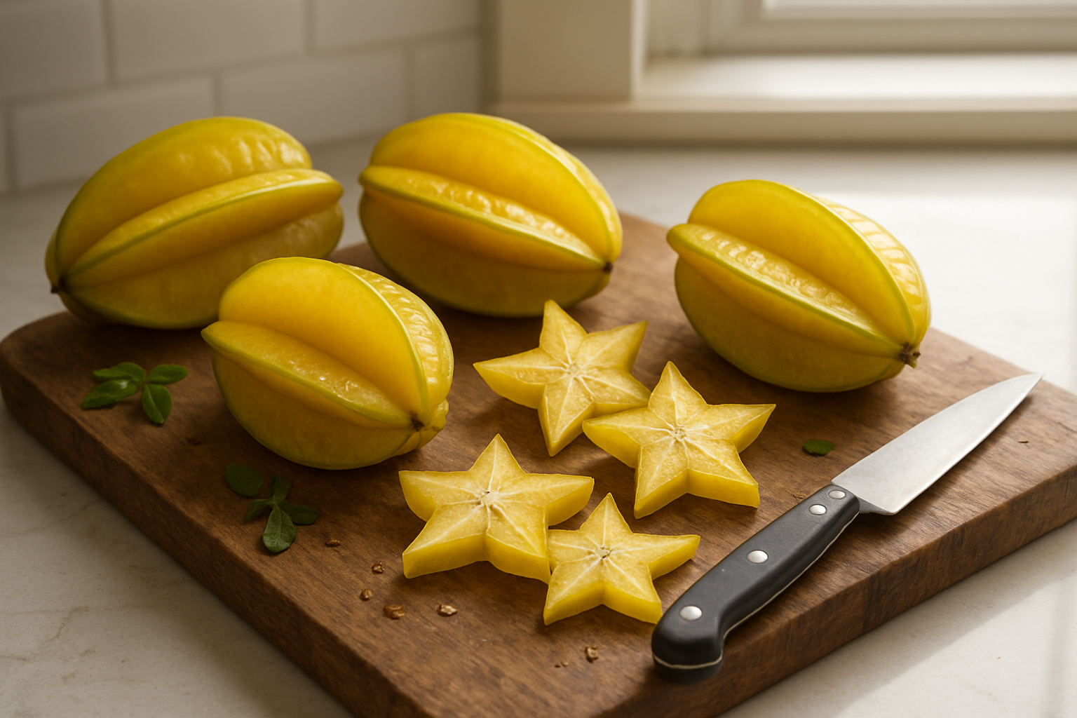 Create a realistic image of fresh starfruit (carambola) arranged elegantly on a rustic wooden cutting board, with some whole star-shaped yellow fruits and several sliced pieces showing the distinctive five-pointed star cross-sections, accompanied by a sharp kitchen knife, scattered around a clean modern kitchen counter with soft natural lighting from a nearby window, creating a warm and inviting culinary atmosphere that suggests completion of food preparation and cooking knowledge, with subtle green leafy herbs as garnish and a few drops of fresh juice glistening on the wooden surface, absolutely NO text should be in the scene.