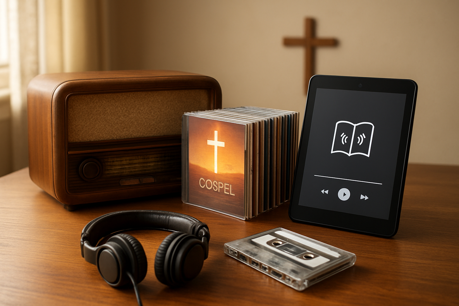 Create a realistic image of a collection of Christian audio resources including vintage wooden radio, CD collection with gospel music albums, digital tablet displaying audio book interface, classic cassette tapes, and comfortable headphones arranged on a warm wooden table surface, soft natural lighting from window creating gentle shadows, cozy home environment with subtle cross decoration in background, peaceful and serene atmosphere. Absolutely NO text should be in the scene.