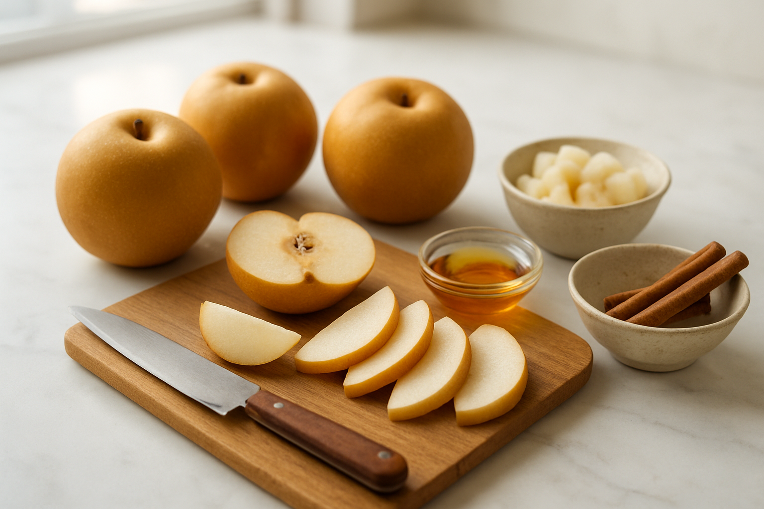 Create a realistic image of fresh nashi pears being prepared for cooking, showing whole golden-brown nashi pears alongside sliced pieces arranged on a wooden cutting board, with a sharp kitchen knife, small bowls containing diced nashi pear pieces, and cooking ingredients like honey and cinnamon sticks nearby, set on a clean marble kitchen countertop with soft natural lighting from a window, creating a warm culinary atmosphere that showcases various preparation methods for these Asian pears, absolutely NO text should be in the scene.