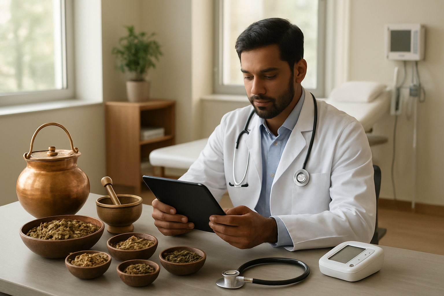 Create a realistic image of a modern medical consultation room where traditional Ayurvedic elements seamlessly blend with high-tech medical equipment, featuring a South Asian male doctor in a white coat examining digital health data on a tablet while traditional Ayurvedic herbs and copper vessels are arranged on a sleek contemporary desk alongside a stethoscope and modern diagnostic devices, with soft natural lighting filtering through large windows creating a harmonious atmosphere that bridges ancient healing wisdom with cutting-edge healthcare technology, and absolutely NO text should be in the scene.