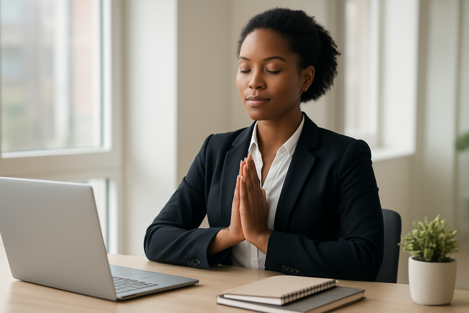 Create a realistic image of a professional black woman in business attire sitting peacefully at a modern office desk with her hands folded in a gentle prayer position, eyes closed with a serene expression, surrounded by a clean organized workspace with a laptop, notebooks, and a small potted plant, soft natural lighting streaming through large windows in the background creating a calm and inspiring atmosphere that conveys spiritual reflection and professional success, absolutely NO text should be in the scene.