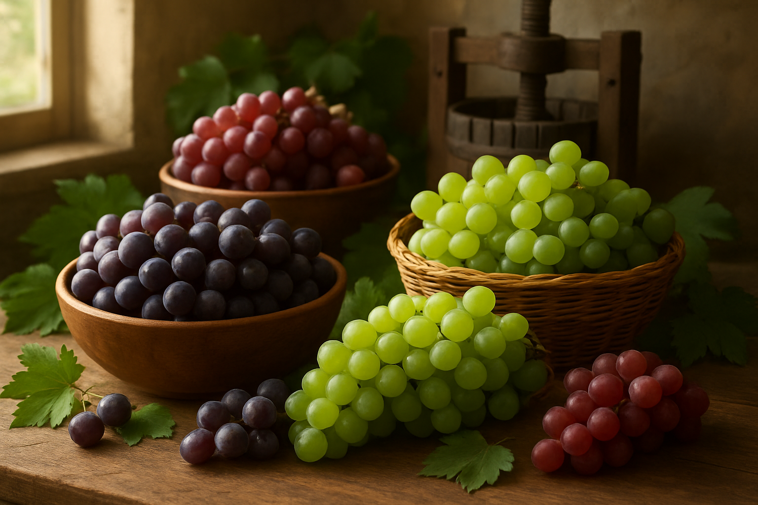 Create a realistic image of a beautifully arranged display of various grape varieties including deep purple, bright green, and red grapes in elegant wooden bowls and wicker baskets on a rustic wooden table, with some grapes cascading naturally onto the surface, surrounded by fresh grape leaves, with soft natural lighting from a nearby window creating gentle shadows, complemented by subtle wine-making elements like a vintage wooden wine press in the blurred background, capturing the essence of grapes as both a nutritious fruit and culinary ingredient, with warm golden hour lighting that highlights the translucent quality and natural shine of the grape clusters, absolutely NO text should be in the scene.