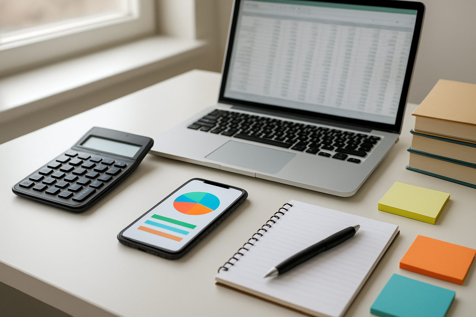 Create a realistic image of a modern workspace featuring essential budgeting tools spread across a clean white desk, including a calculator, smartphone displaying a budget app interface, laptop computer with spreadsheet visible on screen, colorful sticky notes, a notepad with pen, and financial planning books stacked nearby, with soft natural lighting from a window creating a productive and organized atmosphere, shot from a slightly elevated angle to showcase all the budgeting resources clearly, absolutely NO text should be in the scene.