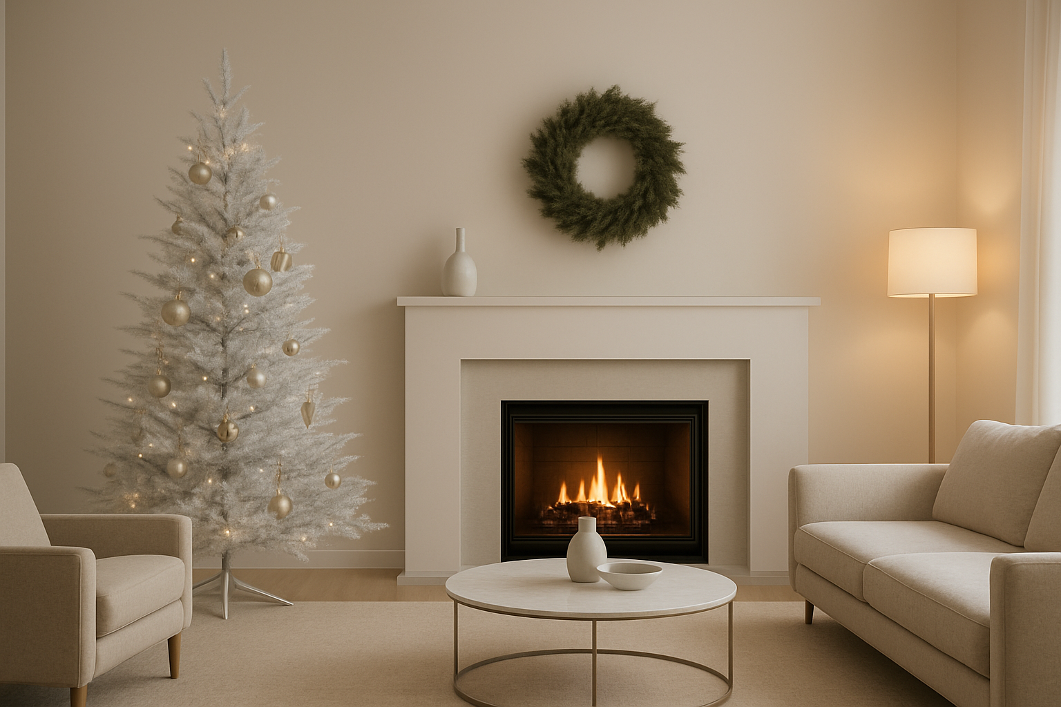 Create a realistic image of a modern minimalist Christmas living room featuring a sleek white or silver artificial Christmas tree with sparse, geometric ornaments in metallic tones, positioned near a contemporary fireplace with clean lines, surrounded by a few carefully selected decorative elements like a single elegant wreath on the mantel, minimal white and silver accents, neutral colored furniture with simple lines, warm ambient lighting creating a cozy yet sophisticated atmosphere, and a clutter-free space that emphasizes clean surfaces and open areas, absolutely NO text should be in the scene.