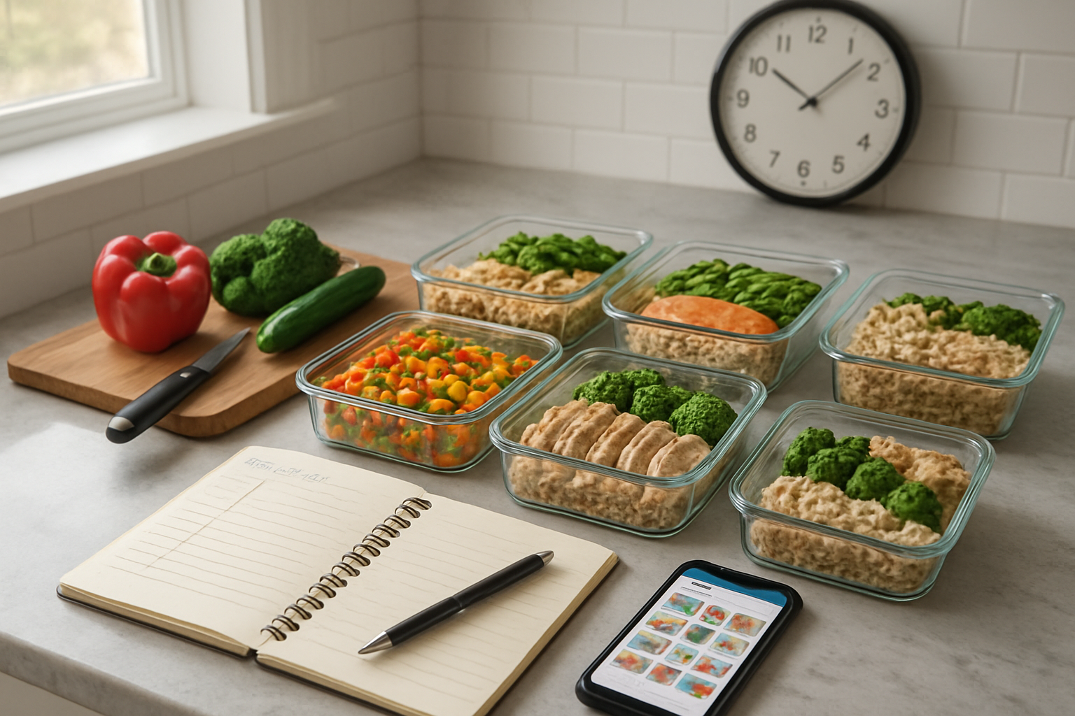 Create a realistic image of a well-organized kitchen counter showing a weekly meal planning setup with multiple glass meal prep containers filled with colorful prepared meals, a wooden cutting board with fresh vegetables, a notebook with handwritten meal schedules, a smartphone displaying a meal planning app, and a clock on the wall showing saved time, all arranged on a clean marble countertop with soft natural lighting from a nearby window, conveying efficiency and organization for busy lifestyles, absolutely NO text should be in the scene.