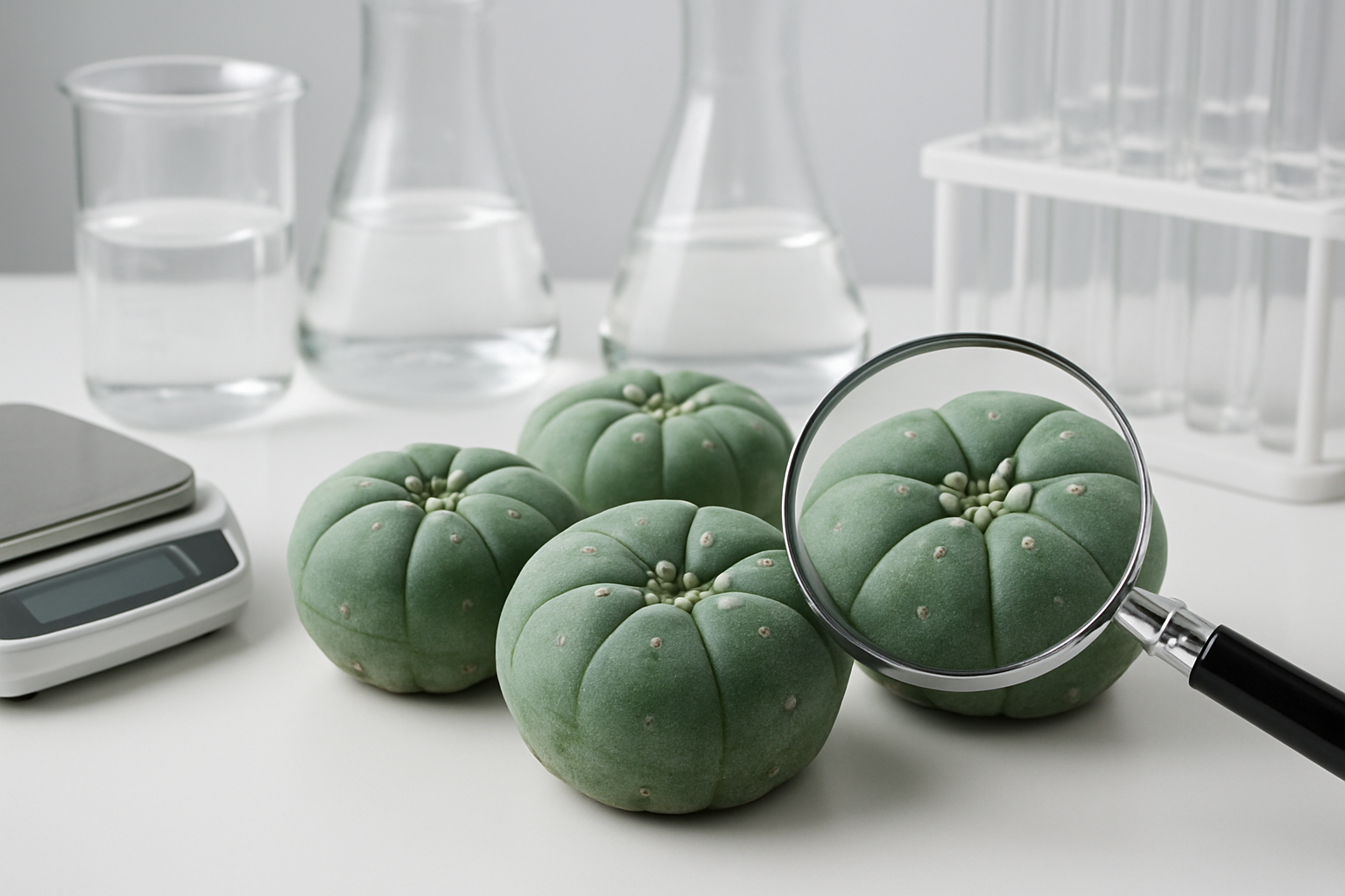 Create A Realistic Image Of A Close-Up View Of Three Lophophora Williamsii Peyote Cacti With Their Distinctive Button-Like Heads, Surrounded By Scientific Laboratory Equipment Including Glass Beakers With Clear Solutions, A Precision Scale, Test Tubes In A Rack, And A Magnifying Glass Examining The Cactus Surface, Set On A Clean White Laboratory Bench With Soft, Even Lighting That Highlights The Cacti'S Natural Green Coloration And The Transparency Of The Glassware, Creating A Scientific Research Atmosphere. Absolutely No Text Should Be In The Scene.