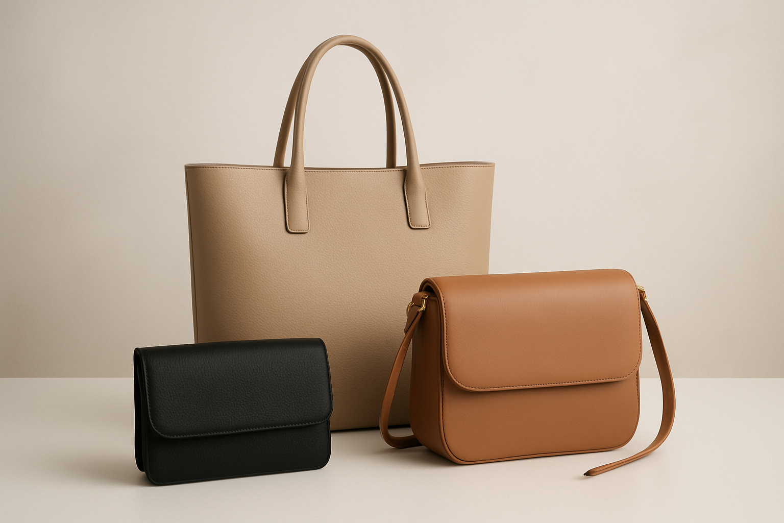 Create a realistic image of a stylish display showing different sized handbags and purses arranged on a clean white surface, featuring a large tote bag, medium crossbody bag, and small clutch purse in neutral colors like beige, brown, and black, with a soft natural lighting setup against a minimalist background, demonstrating proportion and size comparison for styling purposes, absolutely NO text should be in the scene.