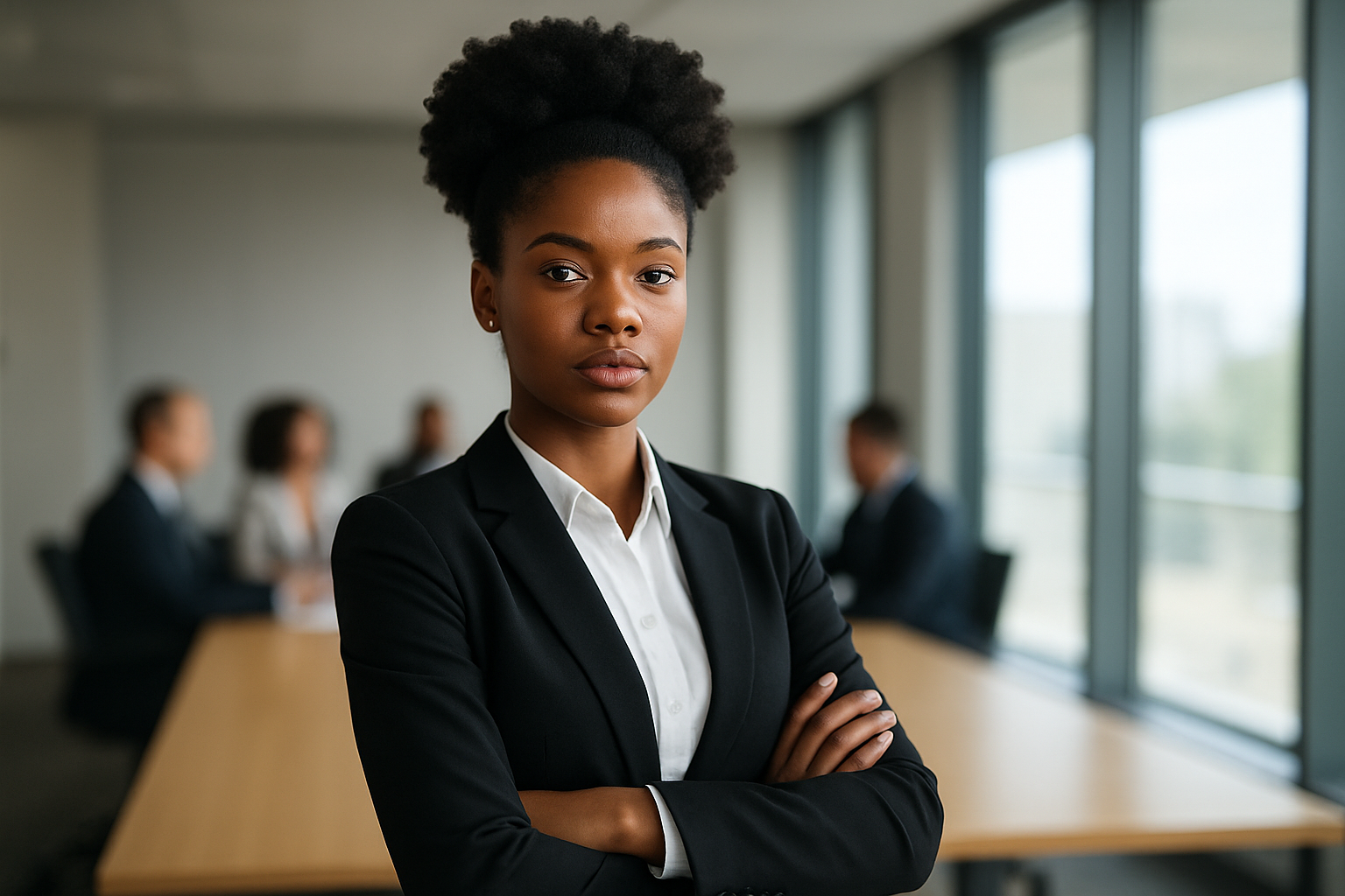 Create a realistic image of a confident young black woman in professional business attire standing in a modern office environment, with her arms crossed and a determined expression, while in the background there are blurred silhouettes of diverse colleagues in a meeting room, natural lighting streaming through large windows, conveying strength and professional competence in a corporate setting, absolutely NO text should be in the scene.