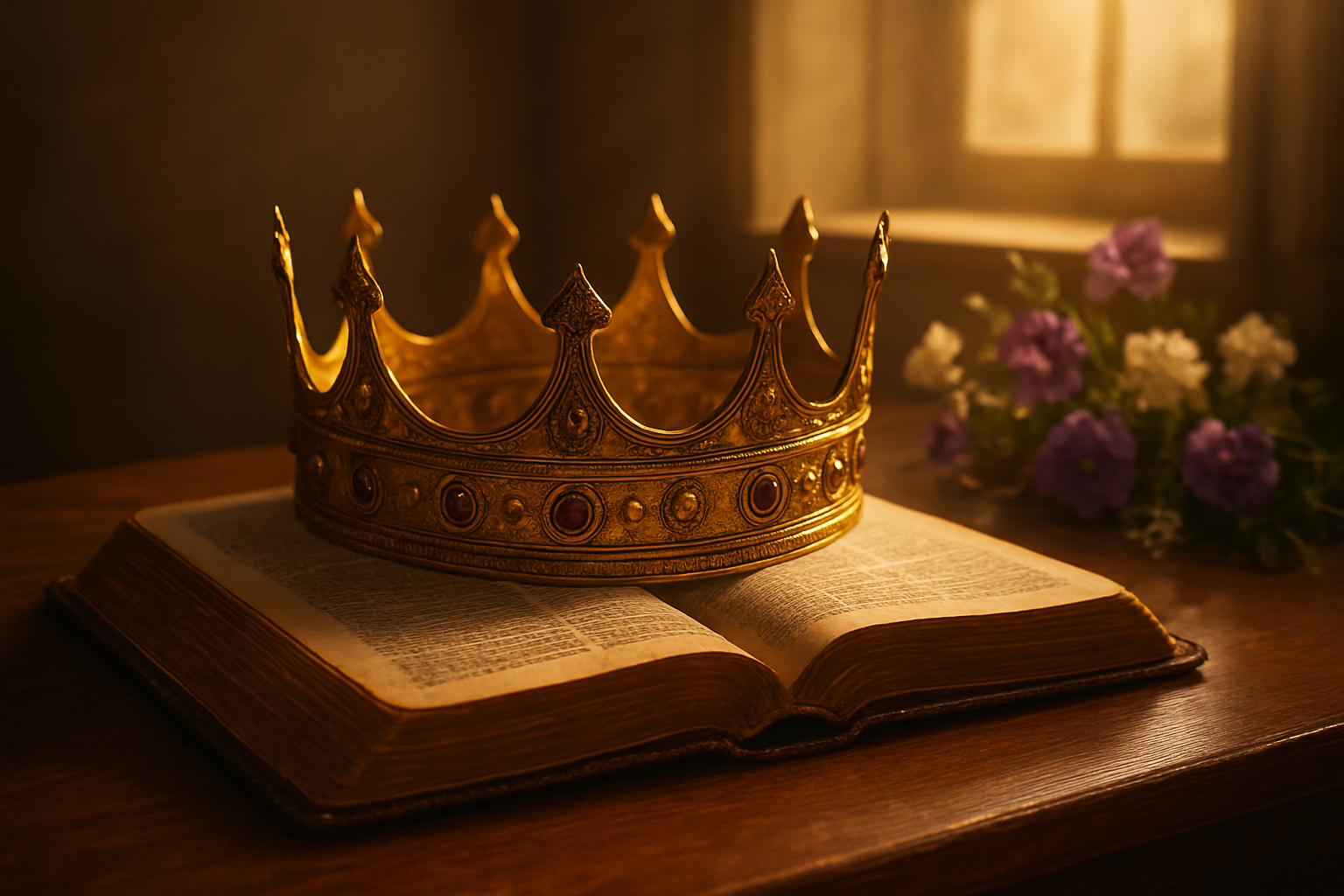 Create a realistic image of a majestic golden crown resting on an open ancient leather-bound Bible with weathered pages, placed on a polished wooden table, with warm golden sunlight streaming through a window casting gentle shadows, surrounded by elegant purple and white flowers, conveying a sense of wisdom, courage, and divine purpose, with soft ambient lighting creating a peaceful and inspiring atmosphere, absolutely NO text should be in the scene.