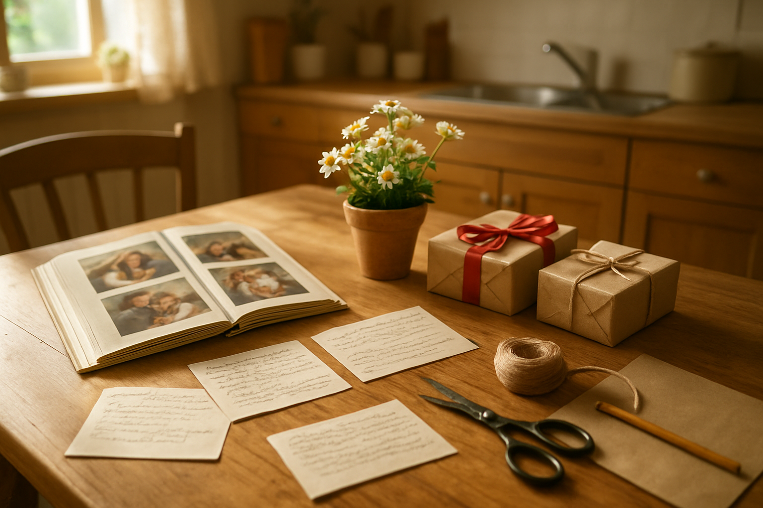 Create a realistic image of a warm, inviting kitchen scene with a wooden dining table displaying handwritten recipe cards, small potted flowers, craft supplies for making gifts, and a photo album opened to family pictures, all bathed in soft natural sunlight streaming through a nearby window, with a cozy homey atmosphere that conveys love, creativity, and family connection, absolutely NO text should be in the scene.