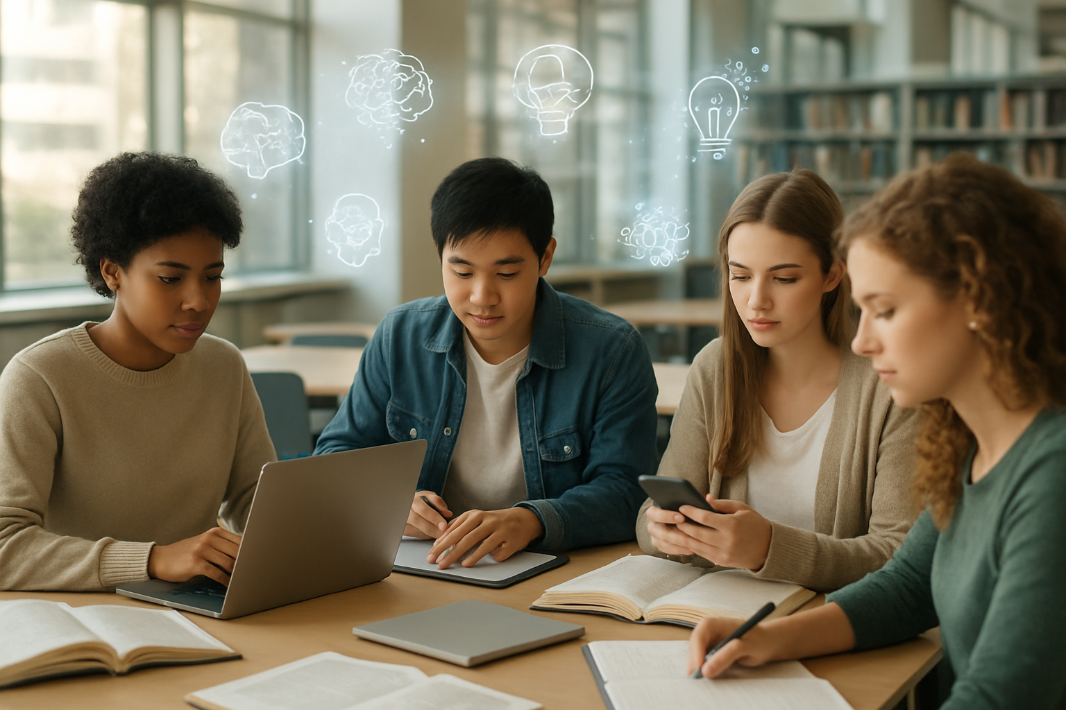 Create a realistic image of a diverse group of college students sitting around a modern study table in a bright library setting, with a young black female student using a laptop, an Asian male student taking notes on a tablet, and a white female student reviewing materials on her smartphone, surrounded by open textbooks, notebooks, and digital devices displaying various educational interfaces, with soft natural lighting streaming through large windows, creating an atmosphere of collaborative learning and academic success, and floating translucent holographic icons representing AI technology gently hovering above the scene including brain symbols, gears, light bulbs, and circuit patterns, absolutely NO text should be in the scene.