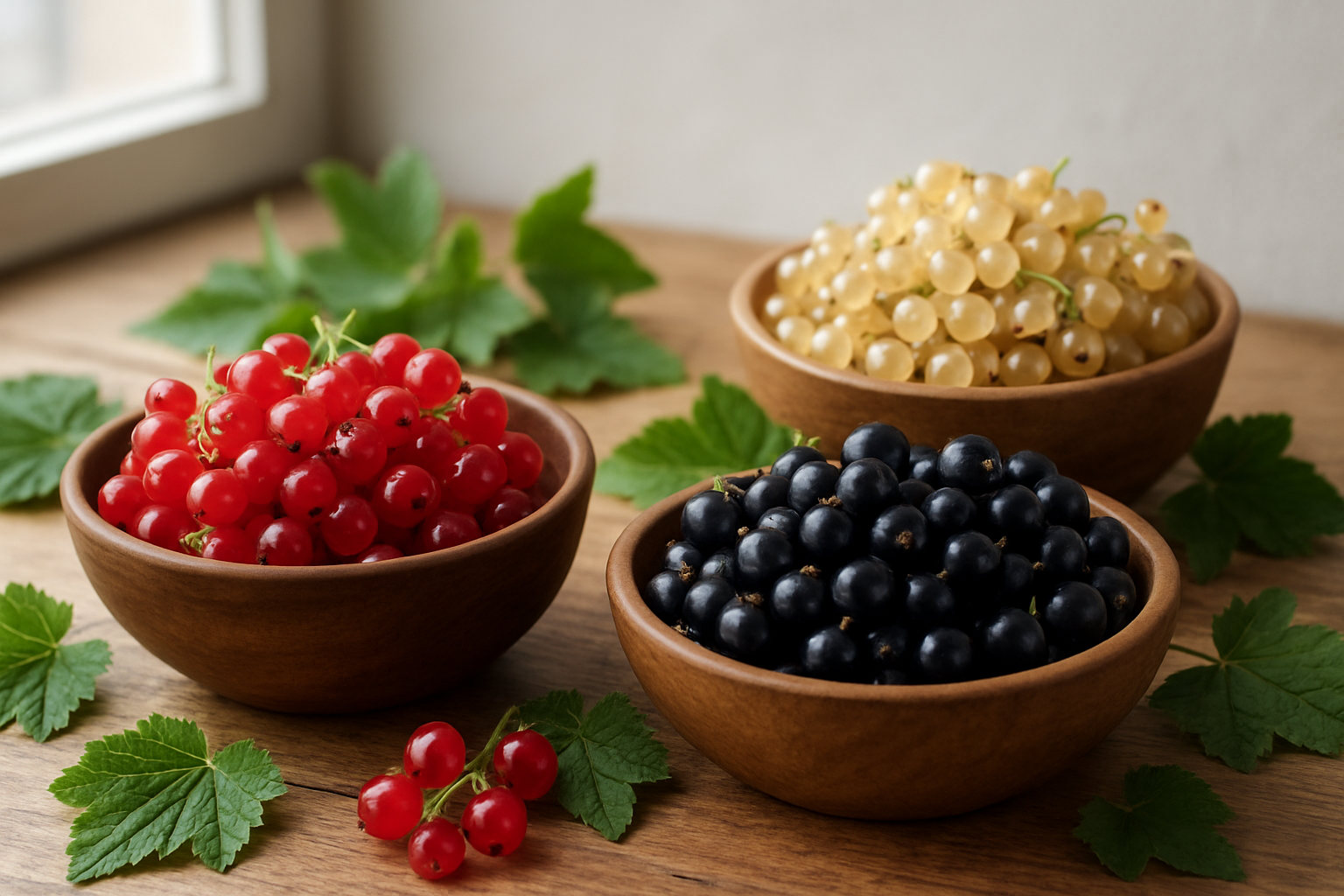 Create a realistic image of various types of currants arranged in separate wooden bowls on a rustic kitchen counter, showcasing red currants, black currants, and white currants, each variety displaying their distinctive colors and cluster formations, with natural daylight streaming through a nearby window creating soft shadows, surrounded by fresh green currant leaves scattered around the bowls, captured from a slightly elevated angle to show the different textures and sizes of each currant type, with a clean neutral background that emphasizes the vibrant natural colors of the fruits, absolutely NO text should be in the scene.