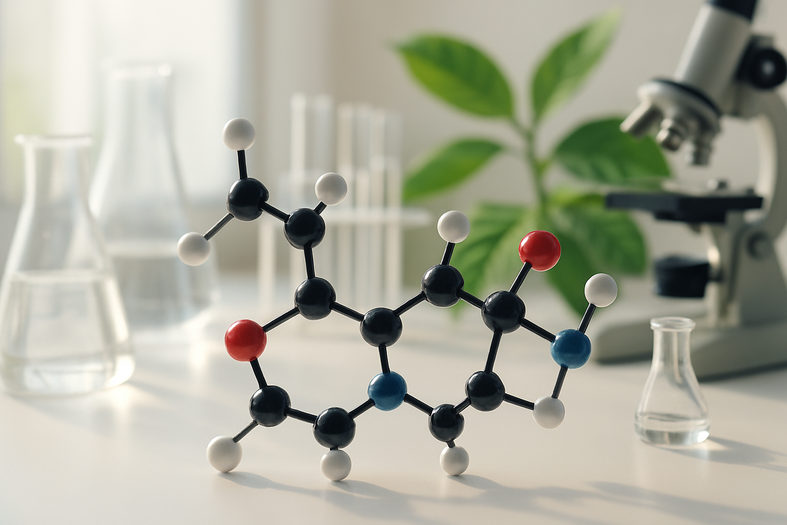 Create a realistic image of a detailed molecular structure diagram showing ibogaine's chemical compound with interconnected atoms and bonds in the foreground, surrounded by scientific laboratory equipment including glass beakers, test tubes, and research instruments on a clean white laboratory bench, with soft natural lighting from a window creating gentle shadows, and botanical elements of the iboga plant with distinctive leaves visible in the background, creating a professional scientific research atmosphere that conveys the study of natural compounds and their mechanisms, absolutely NO text should be in the scene.