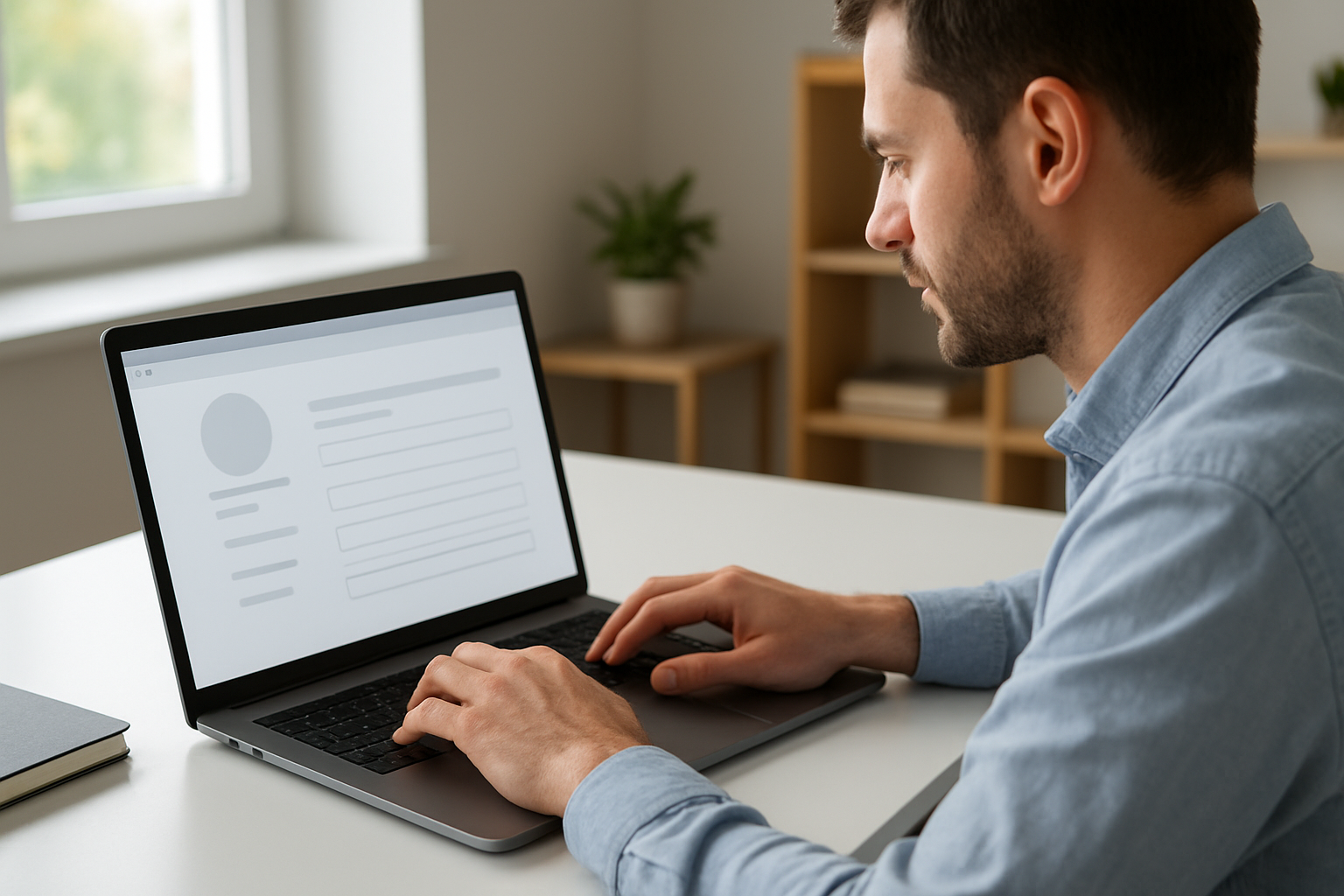 Create a realistic image of a close-up view of a computer screen displaying an eBay seller profile setup page with form fields for store information, a white male in his 30s typing on a laptop keyboard in the foreground, modern home office setting with clean desk, natural daylight coming through a window, professional and focused atmosphere, the screen showing profile customization options and store details sections, absolutely NO text should be in the scene.
