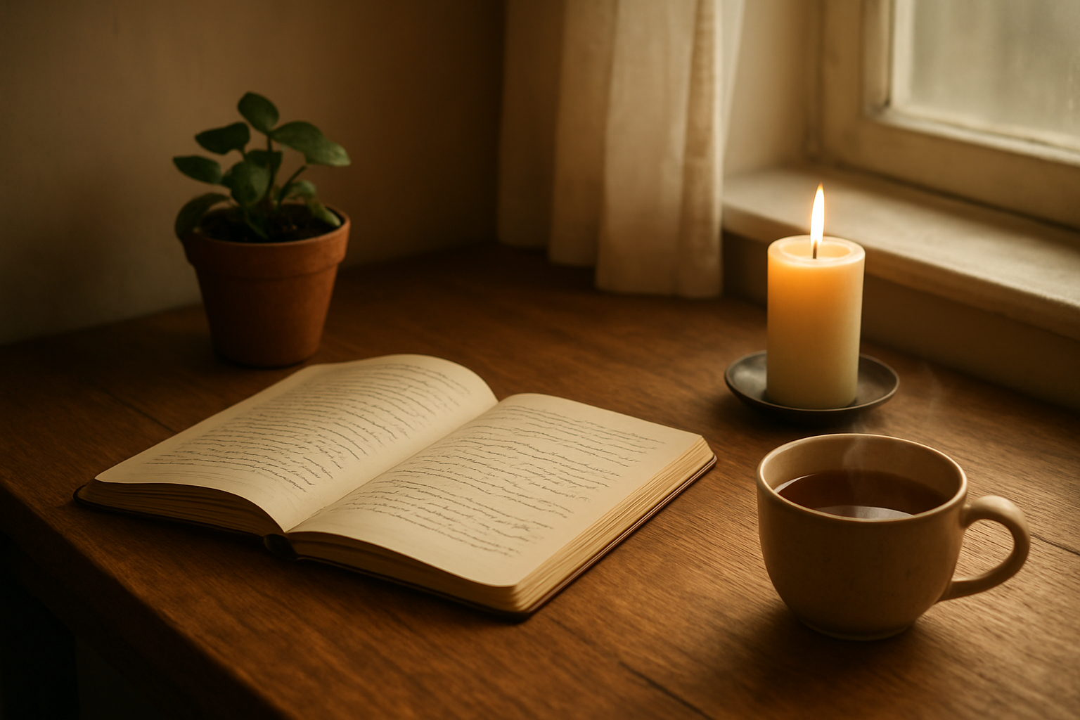 Create a realistic image of a peaceful indoor scene showing sustainable spiritual practices with a wooden table containing an open journal with handwritten notes, a small potted plant, a lit candle in a simple holder, and a steaming cup of tea, surrounded by soft natural morning light streaming through a nearby window, creating a serene and contemplative atmosphere that suggests consistent daily spiritual routines, with warm earth tones and gentle shadows, absolutely NO text should be in the scene.