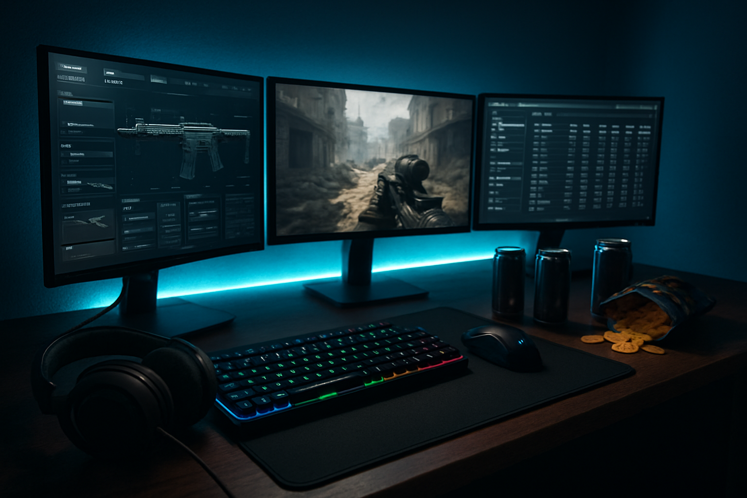 Create a realistic image of a high-end gaming setup featuring multiple monitors displaying tactical shooter game interfaces with detailed weapon customization menus and competitive match statistics, a mechanical gaming keyboard with RGB lighting, a precision gaming mouse on a large mousepad, professional gaming headset resting on the desk, energy drinks and snacks nearby, all set in a dimly lit room with LED strip lighting creating a focused competitive gaming atmosphere, shot from a side angle showing the immersive setup, absolutely NO text should be in the scene.
