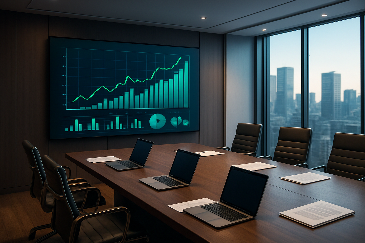 Create a realistic image of a modern corporate boardroom with a large wall-mounted digital display showing upward trending graphs and ROI charts in green and blue colors, a sleek conference table with laptops and legal documents spread across it, contemporary office chairs, floor-to-ceiling windows with city skyline view, professional lighting with a mix of natural daylight and warm ambient lighting, polished wooden floors, and a sophisticated business atmosphere that conveys financial success and technological advancement in legal services, absolutely NO text should be in the scene.