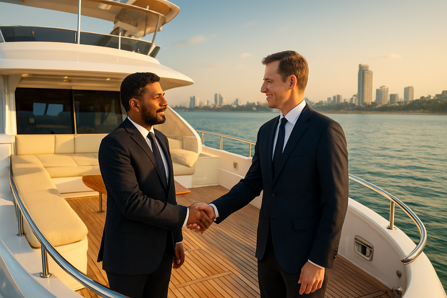 realistic image of a luxurious white yacht sailing on calm blue waters off the coast of India, with a modern Indian cityscape or coastal landscape visible in the background, symbolizing a high-end business partnership in the maritime industry, featuring two professionals, one Indian male and one white male, dressed in sharp business attire, shaking hands on the yacht's deck, surrounded by elegant yacht interiors and gleaming ocean waters under warm golden sunlight, conveying a mood of prestige, ambition, and transformative collaboration. Absolutely NO text should be in the scene.