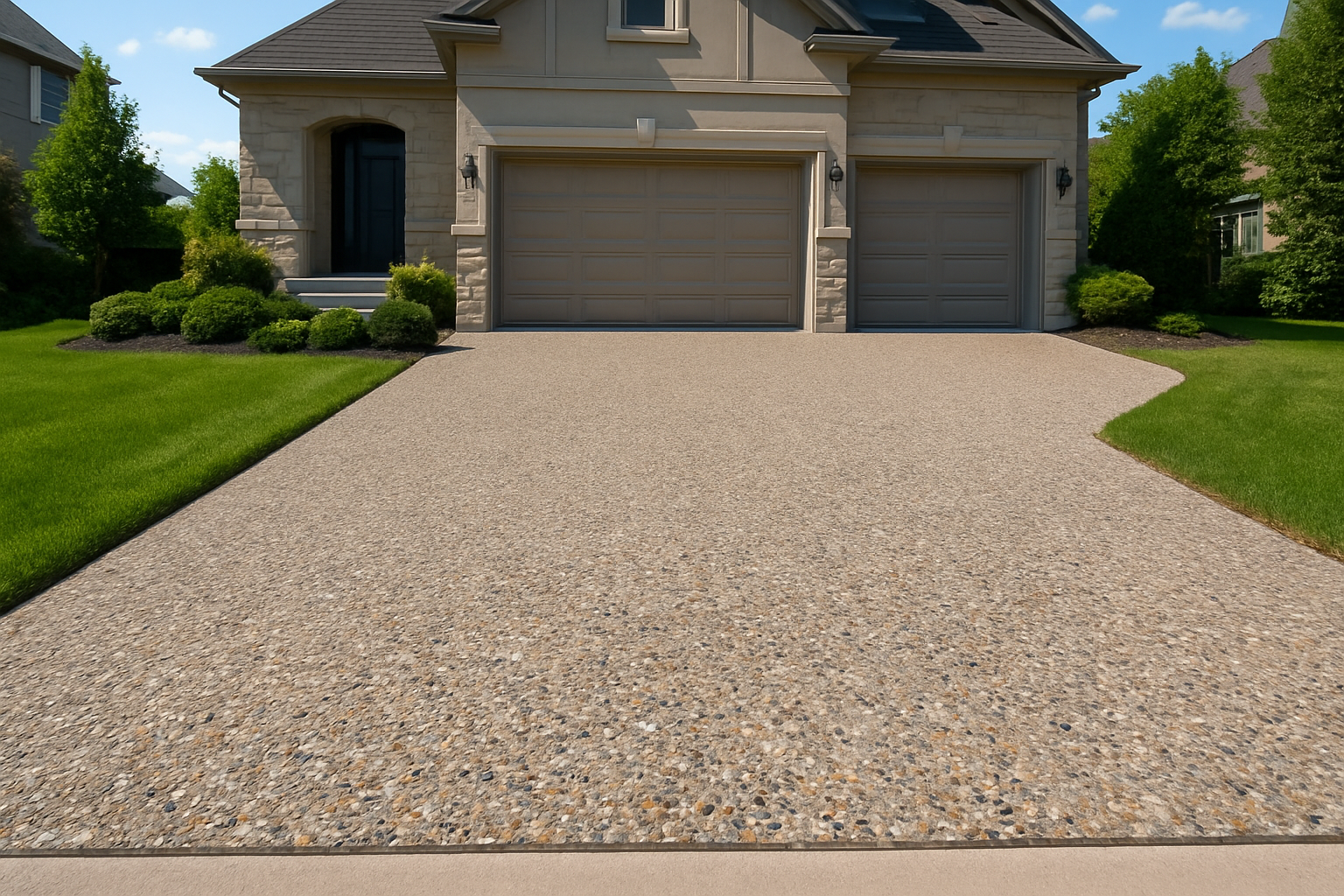 Create a realistic image of a beautiful exposed aggregate concrete driveway in front of an upscale suburban home in Markham, Ontario, showcasing the textured stone surface with small decorative rocks embedded in the concrete, the driveway should appear well-maintained and premium quality with clean edges and proper drainage, surrounded by manicured landscaping with green grass and modern architectural elements, bright daylight with clear skies creating natural shadows that highlight the aggregate texture, the scene should convey value and long-term investment appeal with the home's exterior showing quality construction and curb appeal, absolutely NO text should be in the scene.