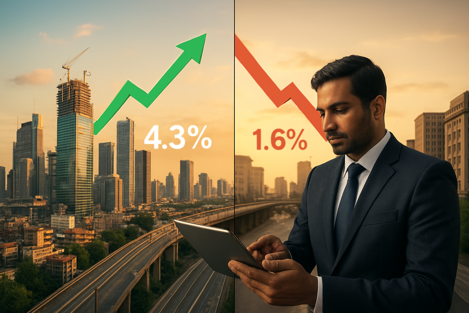Create a realistic image of a split-screen comparison showing two distinct economic landscapes, with the left side depicting a vibrant emerging market cityscape with modern skyscrapers, construction cranes, busy financial districts, and upward-trending digital arrow graphics floating above showing 4.3%, while the right side shows a more mature developed market with established buildings, slower-paced business activity, and downward-trending arrow graphics displaying 1.6%, connected by a bridge or pathway suggesting investment flow, set against a professional financial backdrop with warm golden lighting suggesting growth opportunities, featuring an Indian businessman in a suit analyzing charts on a tablet in the foreground, absolutely NO text should be in the scene.
