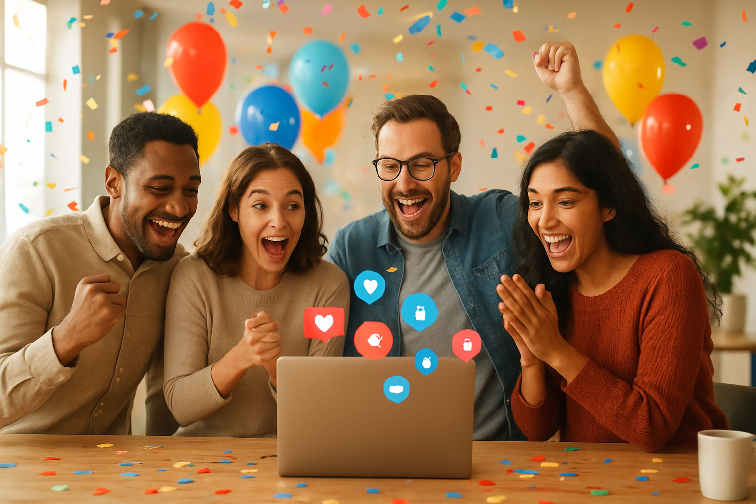 Create a realistic image of a diverse group of people celebrating around a laptop computer with excited expressions, confetti falling in the air, colorful balloons in the background, bright office or home workspace setting, multiple notification icons and social media engagement symbols floating above the laptop screen, energetic and celebratory atmosphere with warm lighting, showing the moment of a successful online launch, absolutely NO text should be in the scene.