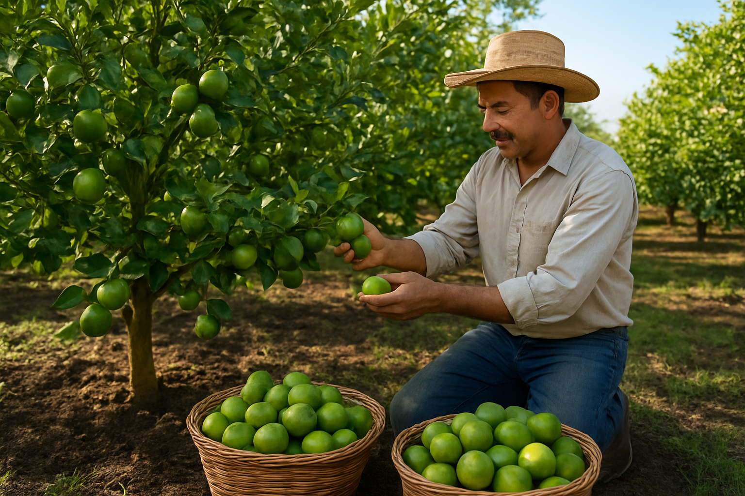Create a realistic image of a flourishing lime tree orchard with multiple healthy lime trees bearing bright green limes in various stages of ripeness, some limes being hand-picked by a middle-aged Hispanic male farmer wearing a straw hat and work clothes, wicker baskets filled with freshly harvested limes placed near the tree bases, rich dark soil visible around the tree roots, morning sunlight filtering through the green foliage creating dappled shadows, clear blue sky in the background, and a peaceful agricultural setting that conveys successful cultivation and harvest of lime fruits. Absolutely NO text should be in the scene.