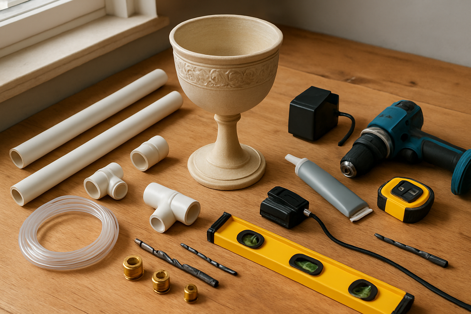 Create a realistic image of essential materials and tools laid out on a wooden workbench for building a DIY goblet fountain, featuring a decorative glass or ceramic goblet as the centerpiece, surrounded by PVC pipes, pipe fittings, a small water pump, flexible tubing, waterproof sealant, drill bits, a power drill, measuring tape, level tool, and various plumbing connectors, all neatly organized on a clean workspace with natural lighting from a nearby window, creating a practical DIY project preparation scene, absolutely NO text should be in the scene.