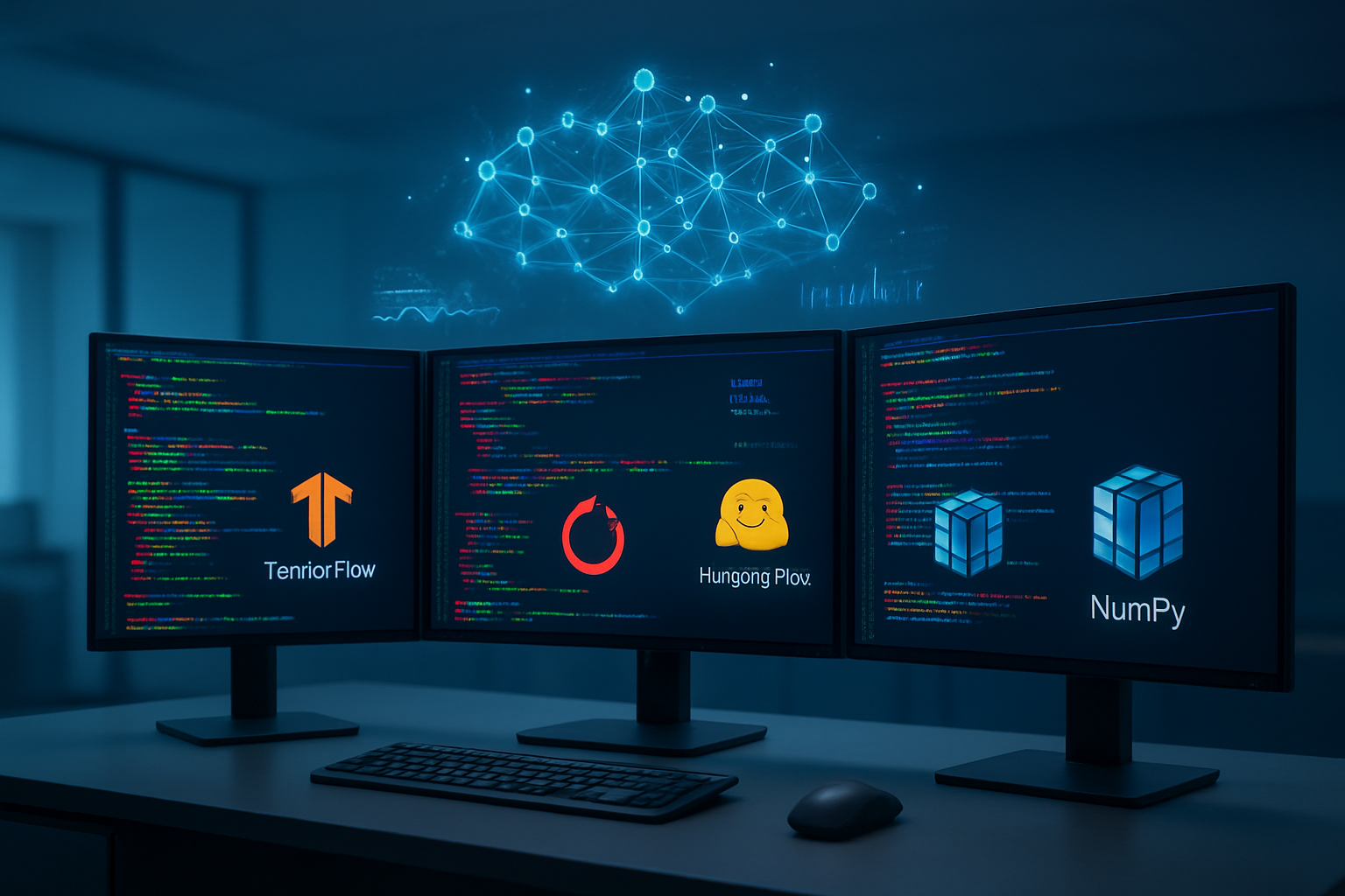 Create a realistic image of a modern computer workstation with multiple monitors displaying colorful Python code and library logos including TensorFlow, PyTorch, Hugging Face, and NumPy arranged on the screens, with floating holographic representations of interconnected neural network nodes and data flow visualizations in the air above the setup, set in a sleek tech office environment with soft blue ambient lighting and a clean minimalist background, absolutely NO text should be in the scene.