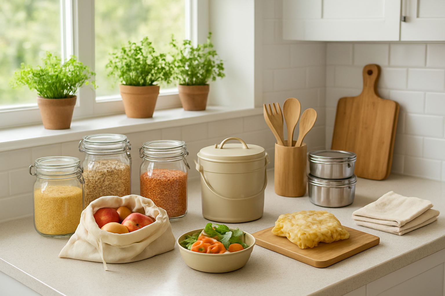 Create a realistic image of a modern kitchen featuring sustainable and zero-waste elements including glass jars filled with bulk ingredients, reusable cloth produce bags, bamboo utensils, stainless steel containers, a compost bin with organic scraps, fresh herbs growing in small pots on the windowsill, wooden cutting boards, and beeswax food wraps, all arranged on clean countertops with natural lighting streaming through a window, creating a bright and eco-friendly atmosphere that demonstrates affordable sustainable living practices, absolutely NO text should be in the scene.