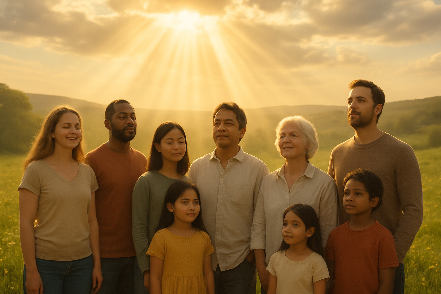 Create a realistic image of warm golden sunlight streaming down from above onto a diverse group of people including white, black, Asian, and Hispanic men, women, and children of various ages standing together in a peaceful meadow with gentle rolling hills, soft green grass, and scattered wildflowers, where the divine light creates a sense of warmth and protection over everyone equally, with a serene sky featuring soft clouds, conveying peace, unity, and divine embrace in natural outdoor setting, absolutely NO text should be in the scene.