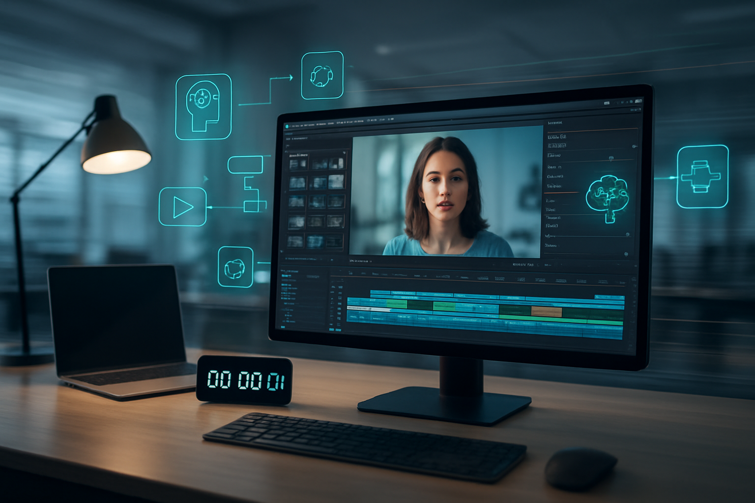 Create a realistic image of a modern computer setup on a clean desk showing AI video creation in progress, with a computer monitor displaying video editing software interface with timeline and media elements, a sleek laptop open beside it, a digital clock showing fast time progression, AI automation icons and workflow diagrams floating subtly around the screens, professional lighting illuminating the workspace, modern office environment in the background, emphasis on speed and efficiency through visual motion blur effects around the workspace edges, absolutely NO text should be in the scene.